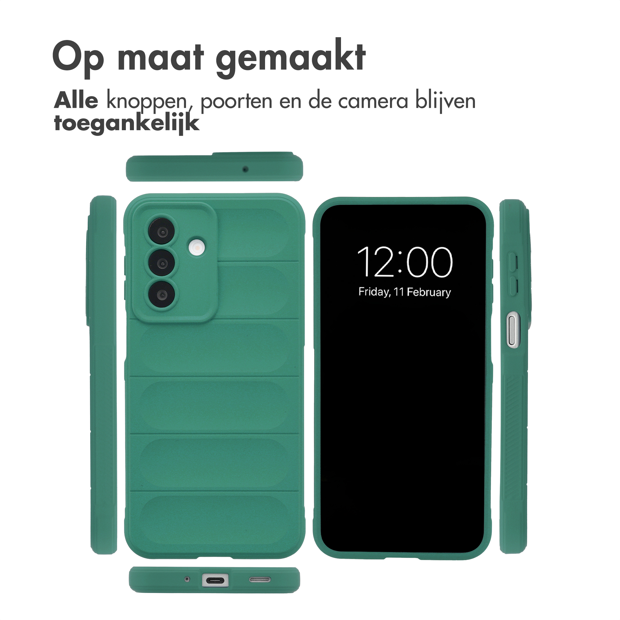 Grüne Handyhülle mit Kameraaussparung und Display, zeigt 12:00 Uhr.