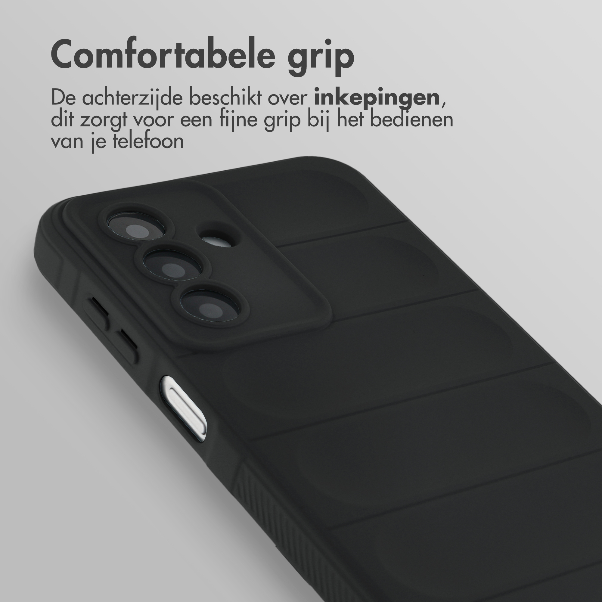Black phone case with indentations for a comfortable grip.