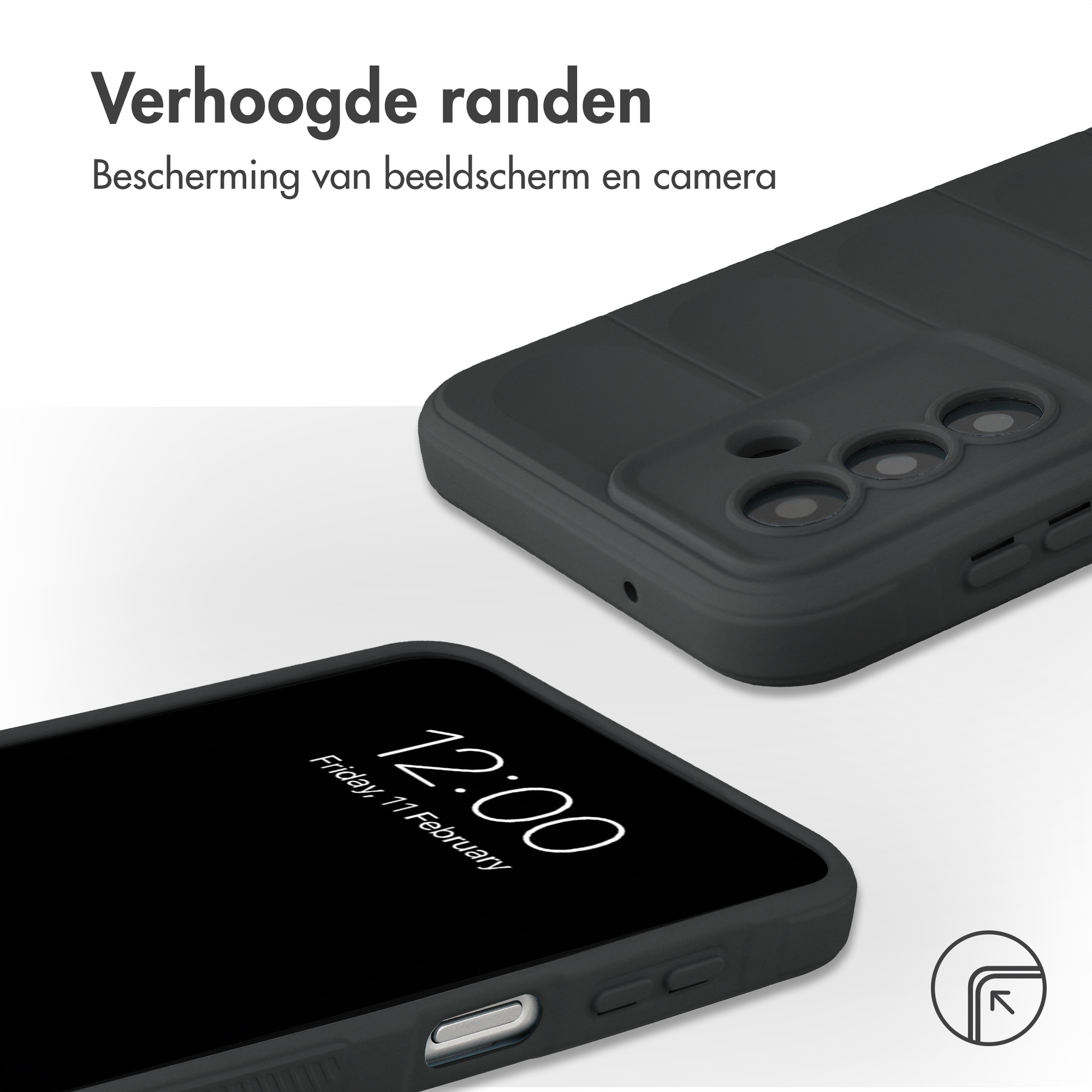 A black phone in a case lies on a white surface. A second phone is in the foreground.