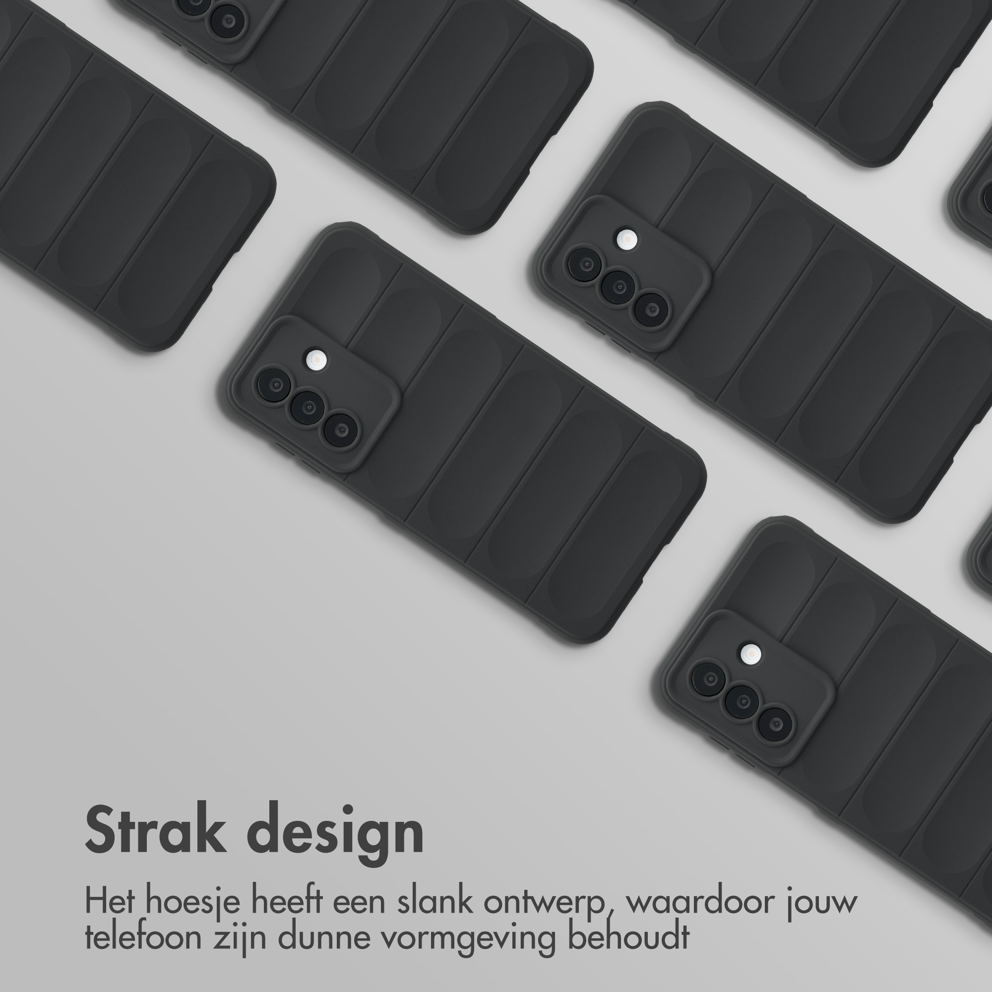 Three black phone cases with a ribbed design on a gray background.