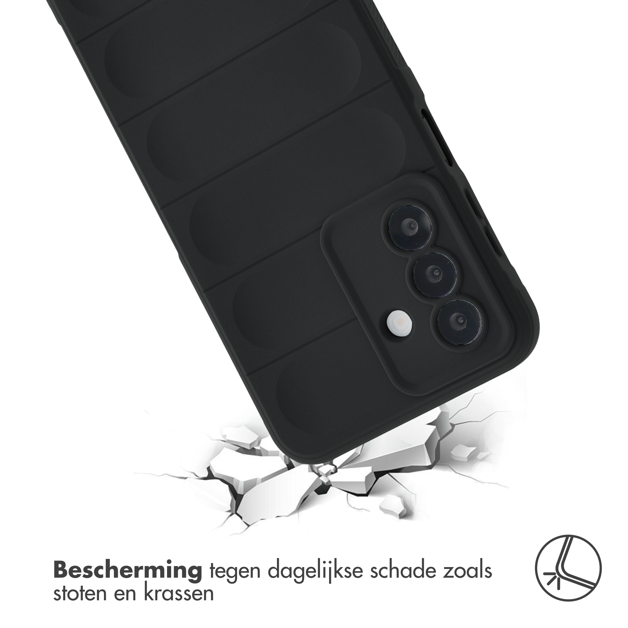 Black phone case falling on cracked ground. Protection against impacts.