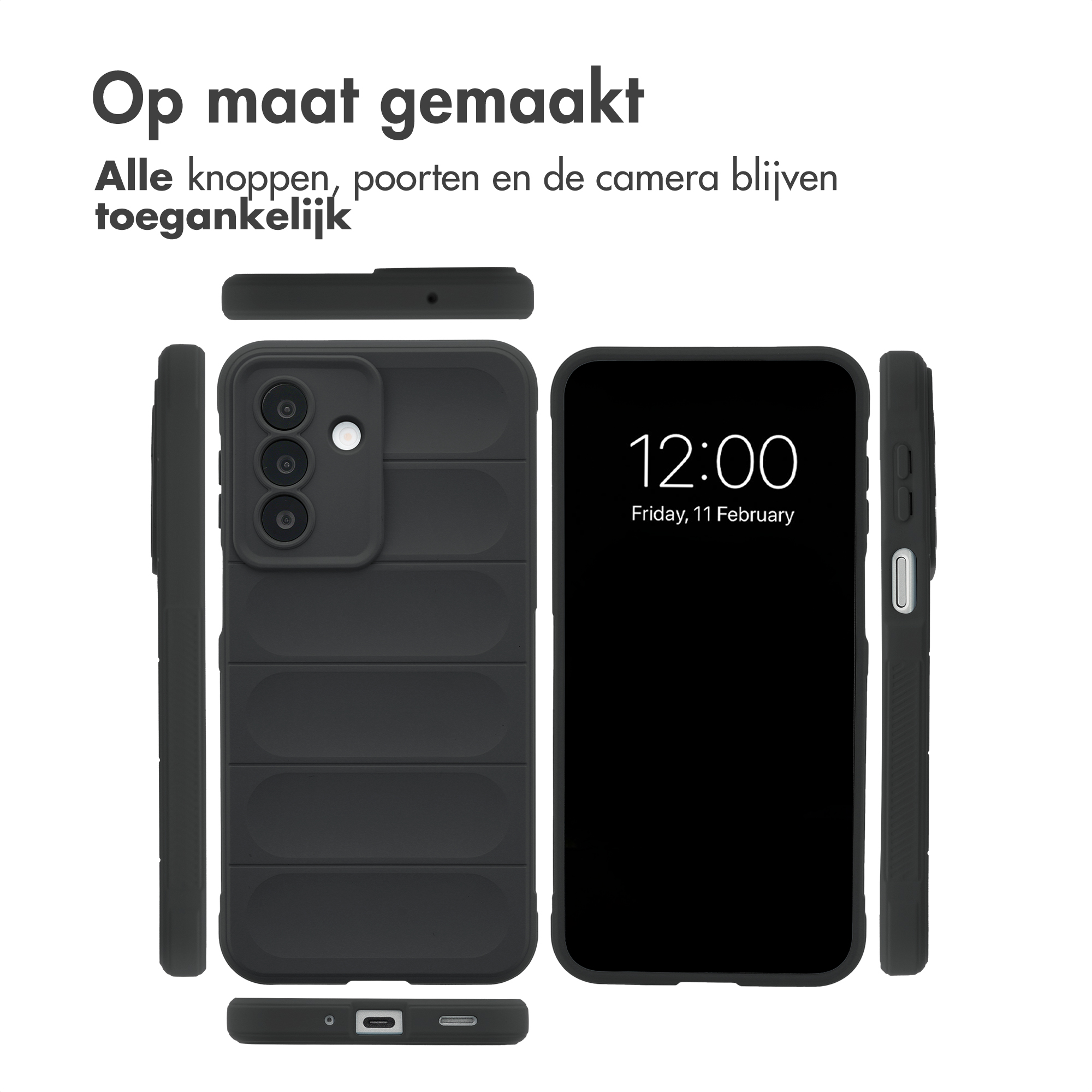 Black phone with case, camera and time 12:00 shown on screen.