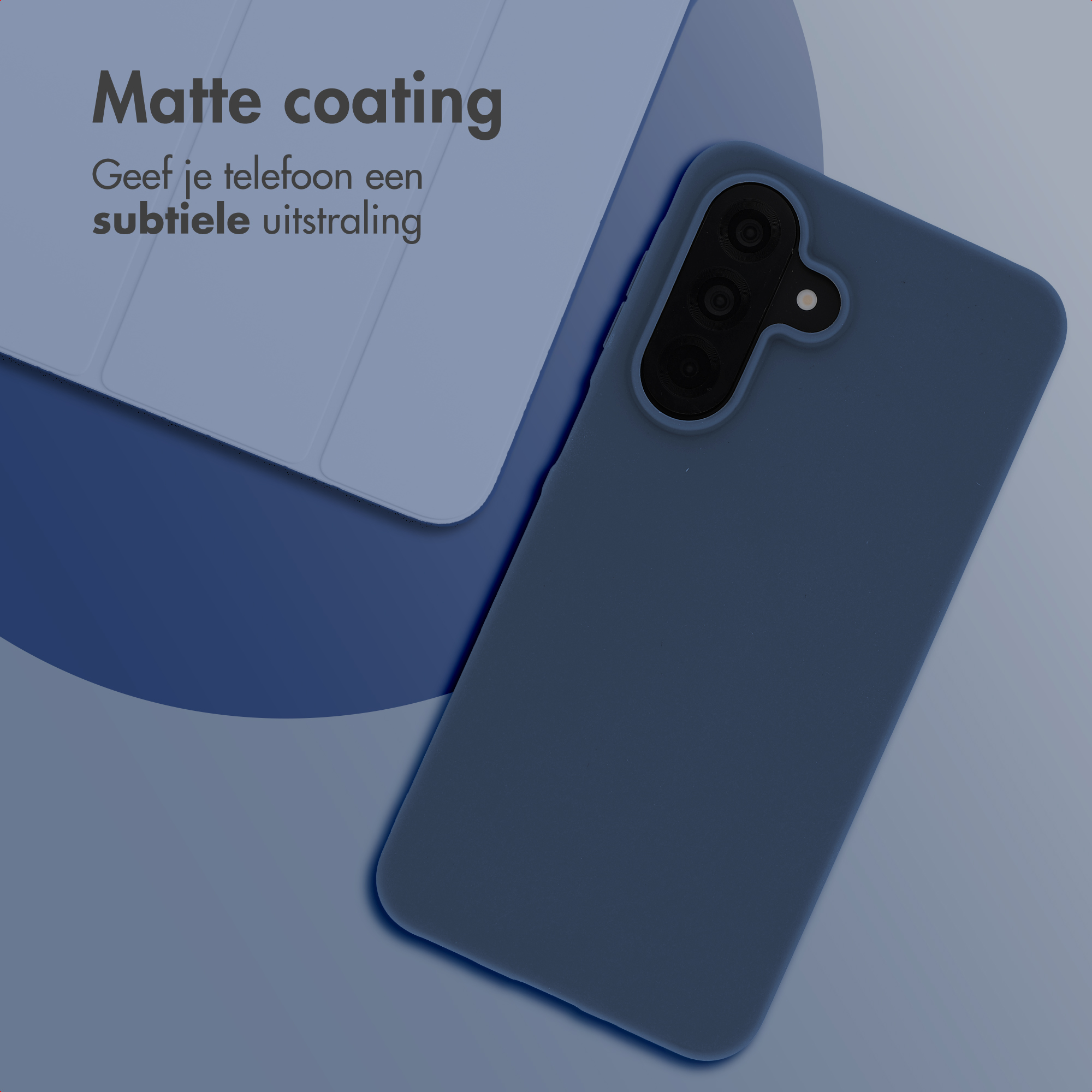 Dark blue matte phone case next to a light blue tablet. Minimalist design.