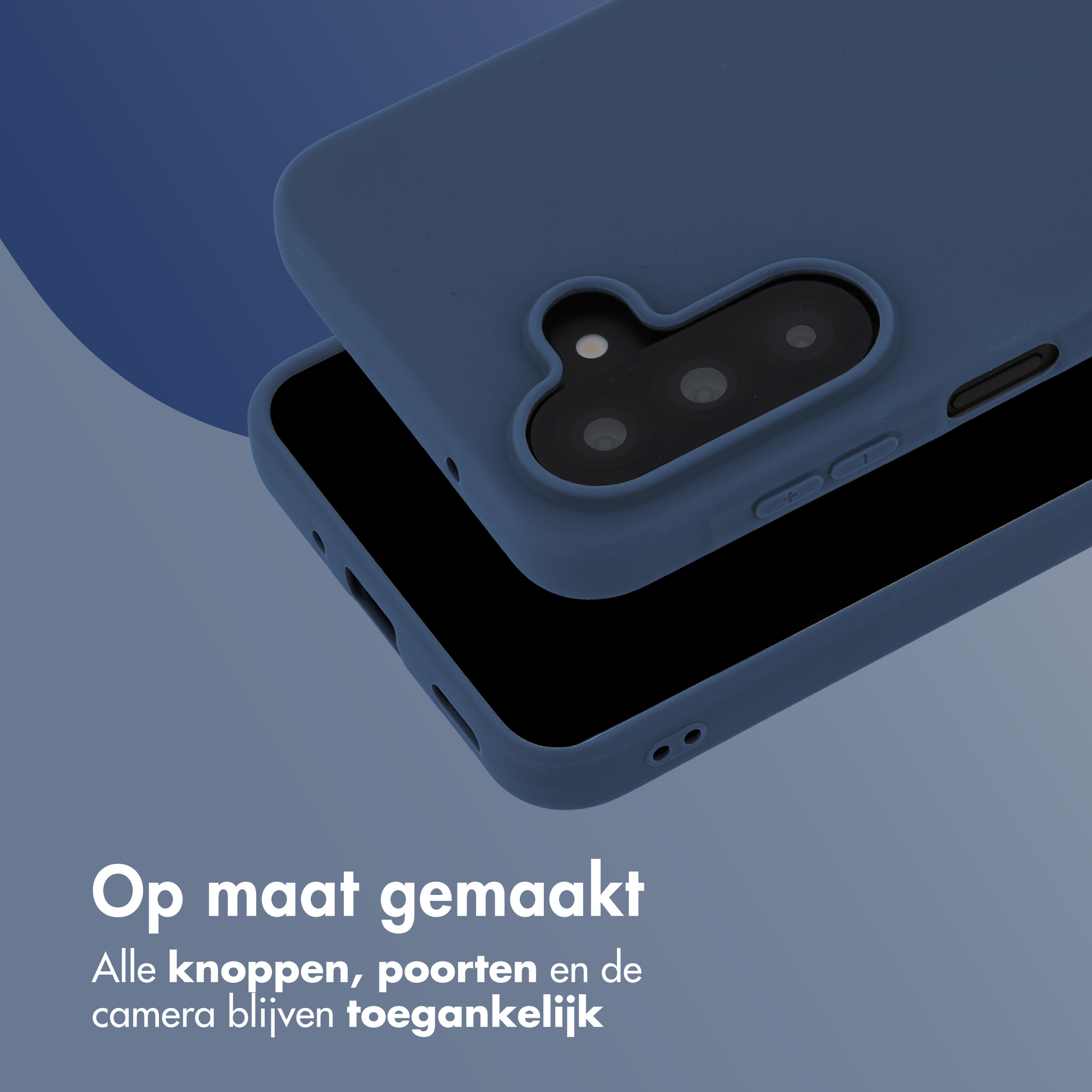 A dark blue phone case lies on a smartphone. The camera cutout is visible.