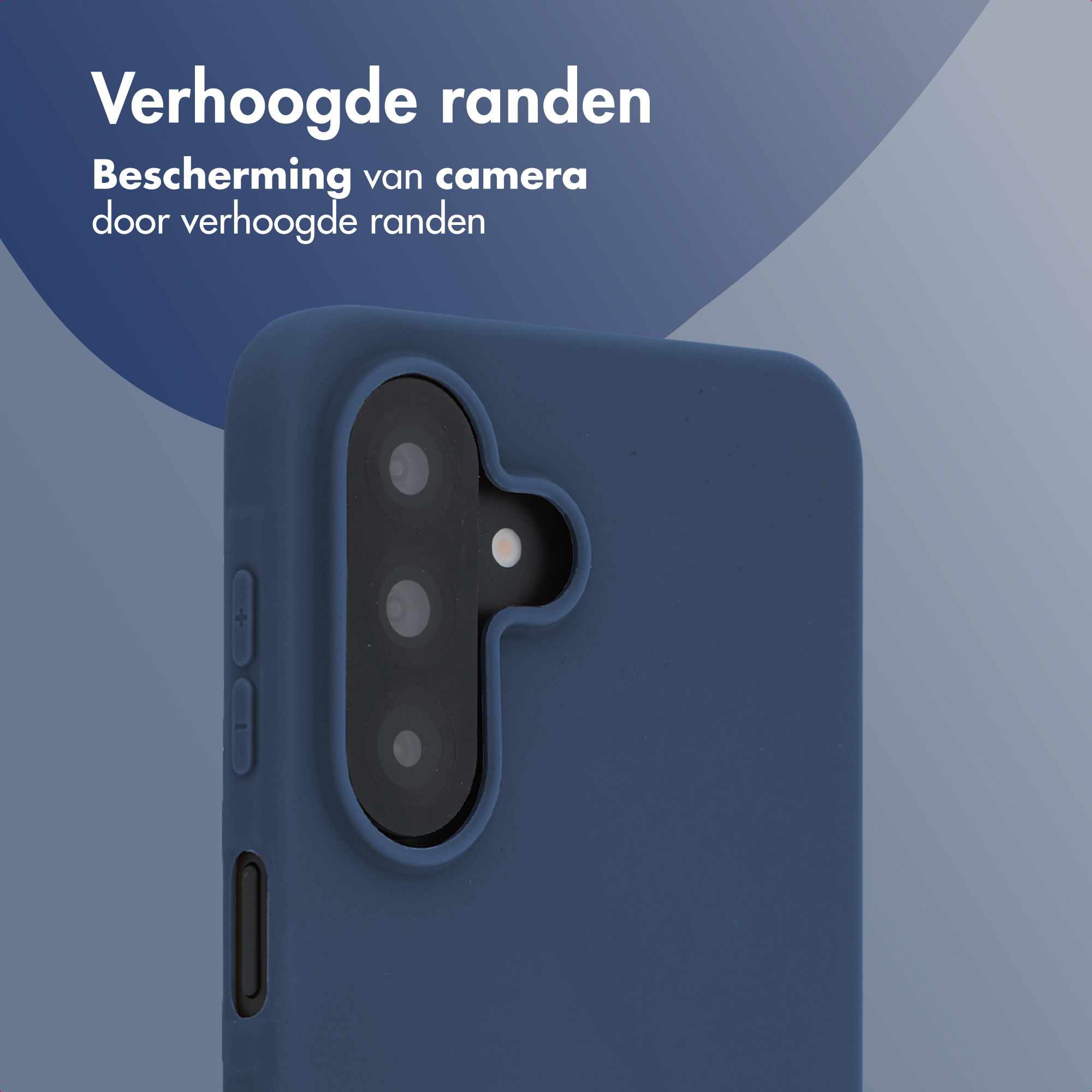 Dark blue phone case with camera and raised edges. Text above.