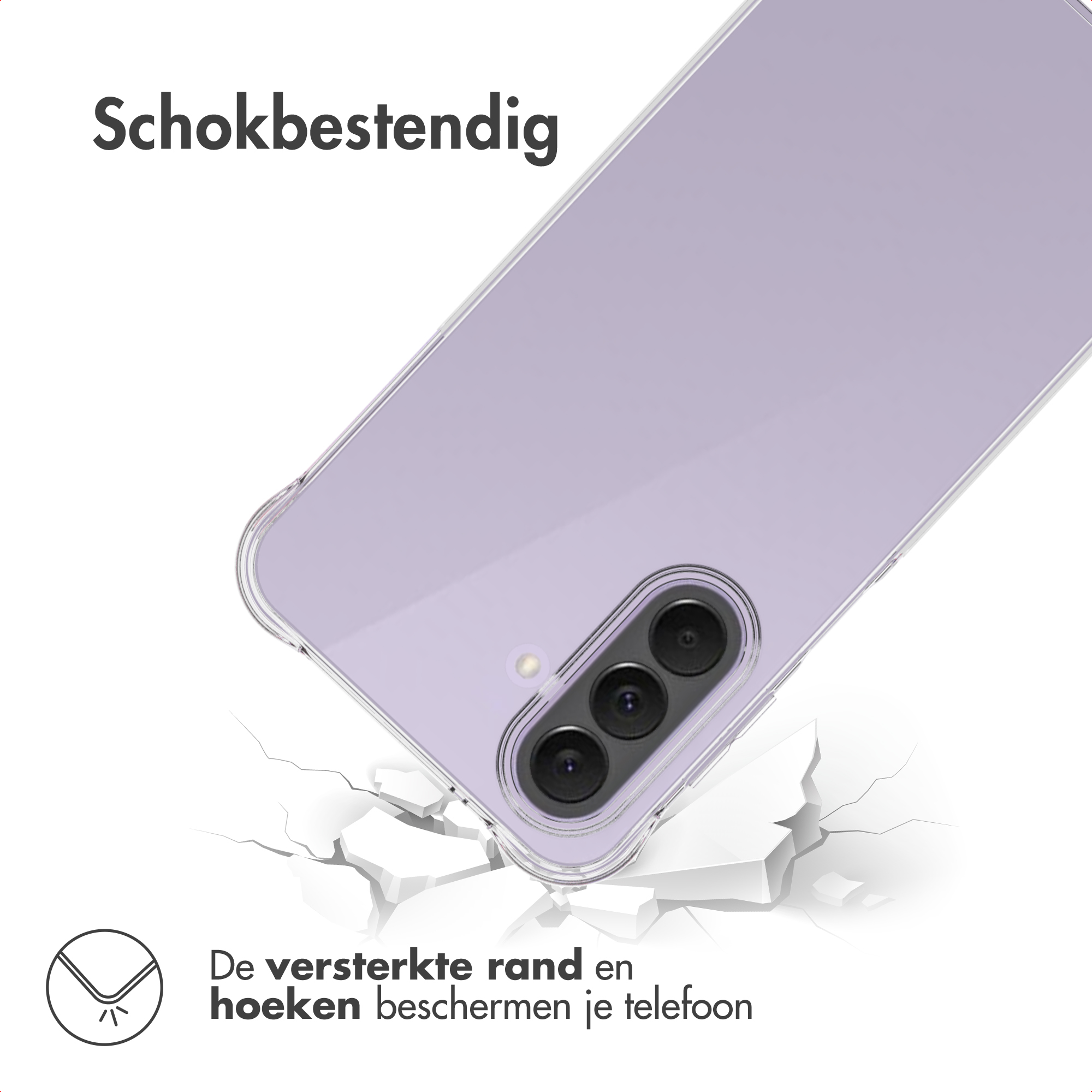 Ein lila Handy in einer transparenten Hülle fällt auf eine zerbrochene Oberfläche.