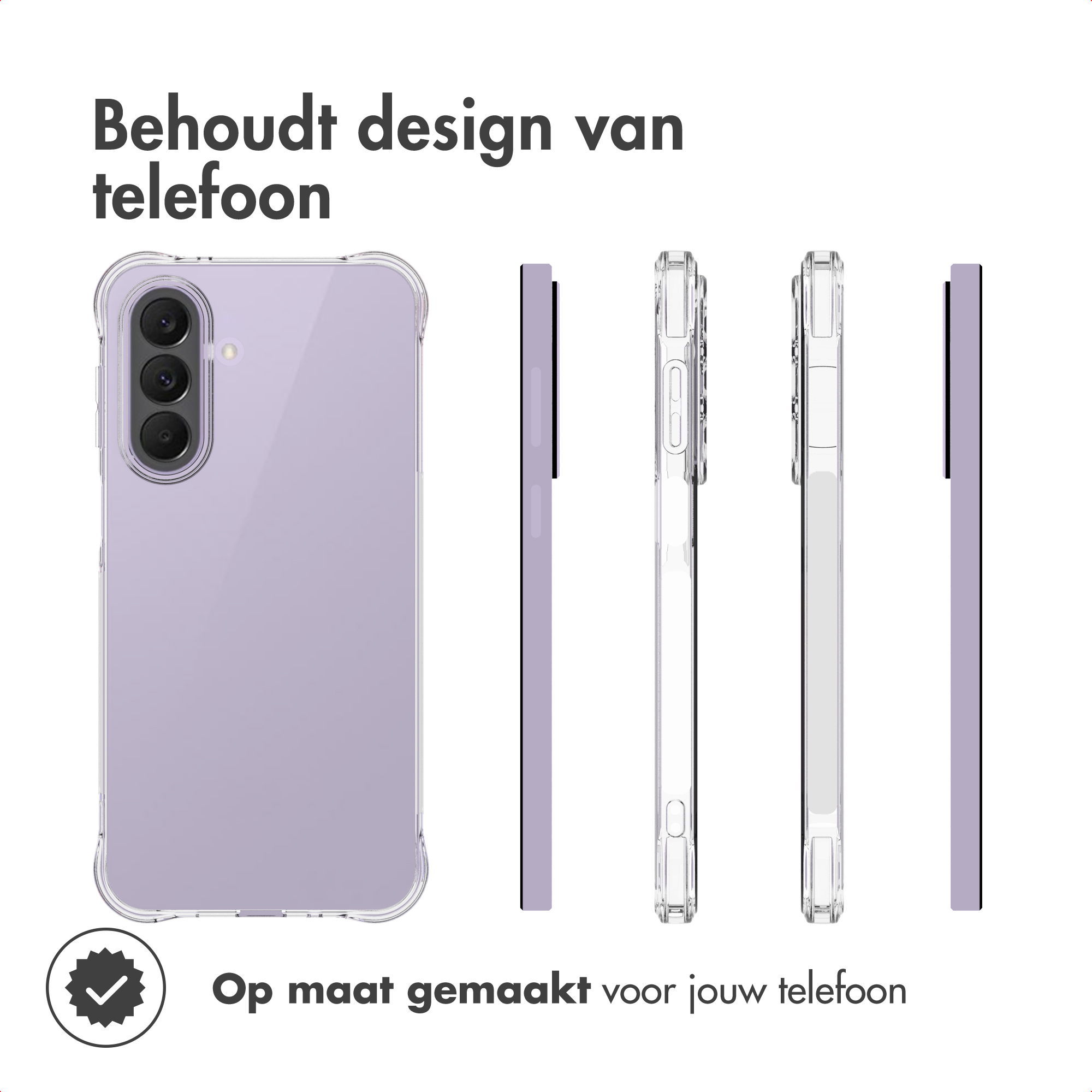 Transparente Handyhülle in verschiedenen Ansichten, mit lila Handy.