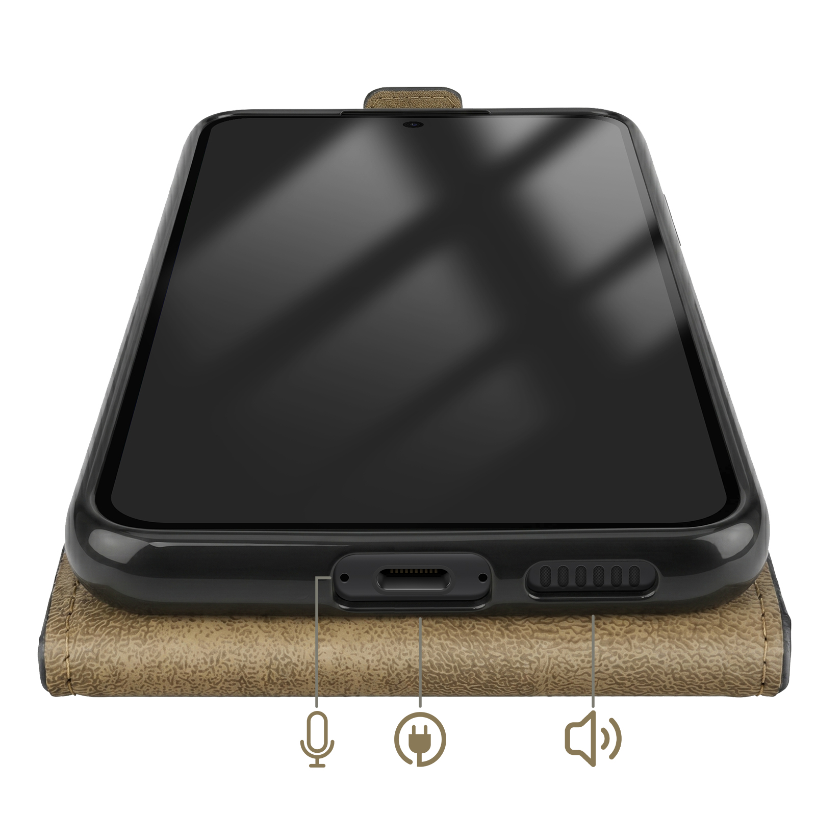 Ein schwarzes Smartphone liegt auf einer braunen Hülle. Anschlüsse sind sichtbar.