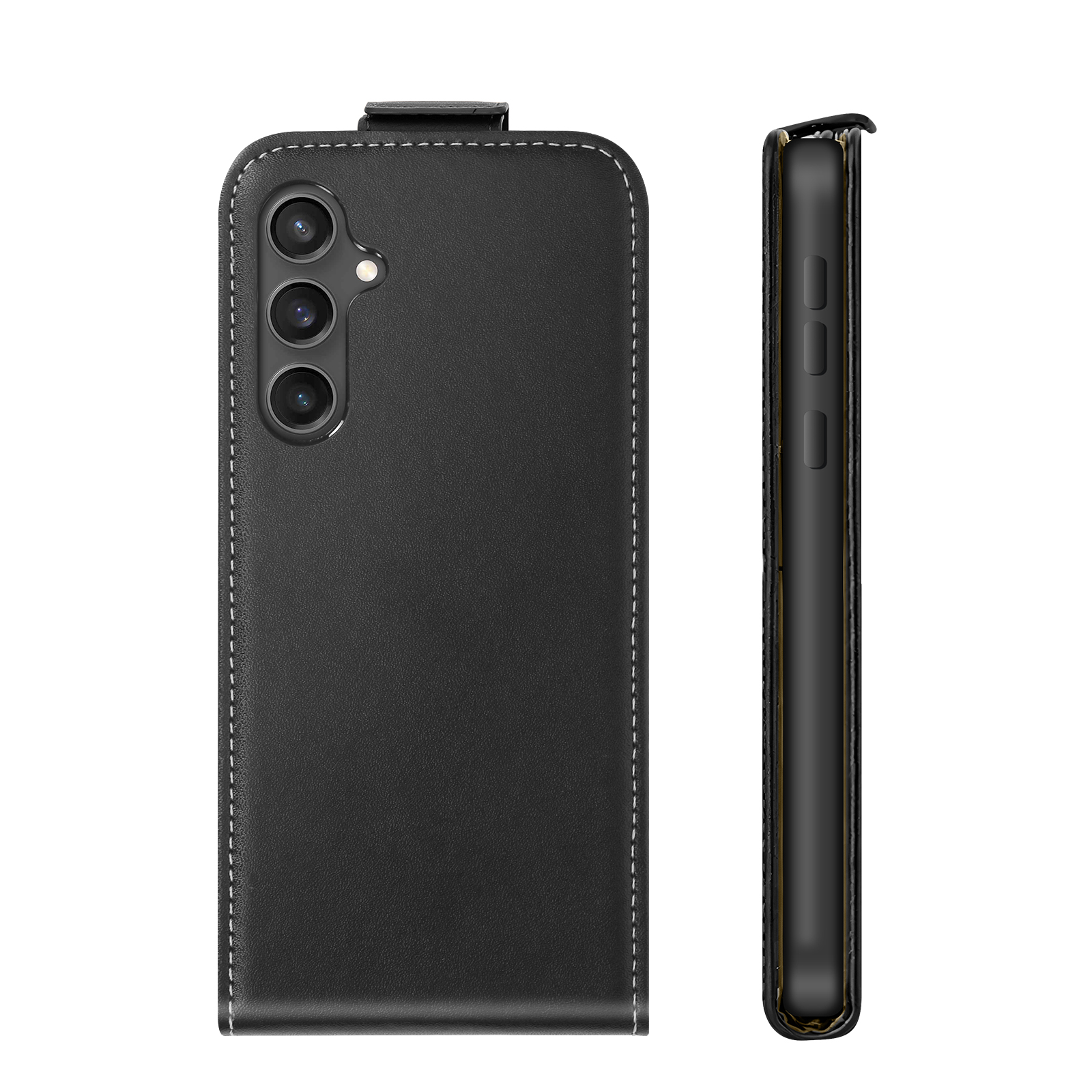 Schwarze Lederhülle für ein Smartphone mit drei Kameras und Nähten.