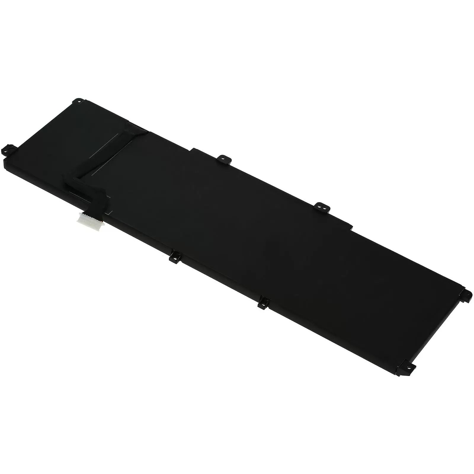 Schwarzer Laptop-Akku mit weißem Kabelstecker, auf weißem Hintergrund.