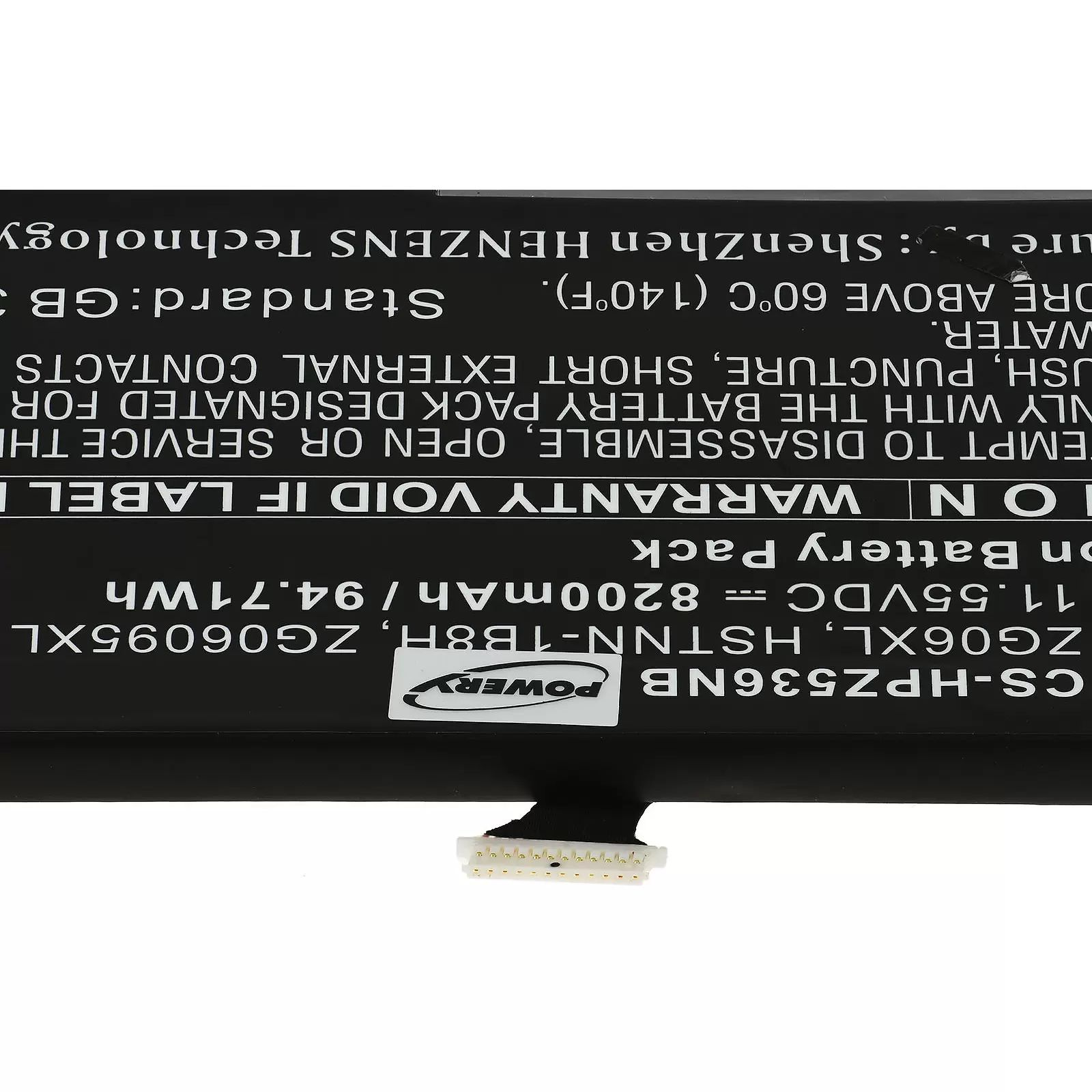 Schwarzer Akku mit weißer Schrift und Anschlusskabel.