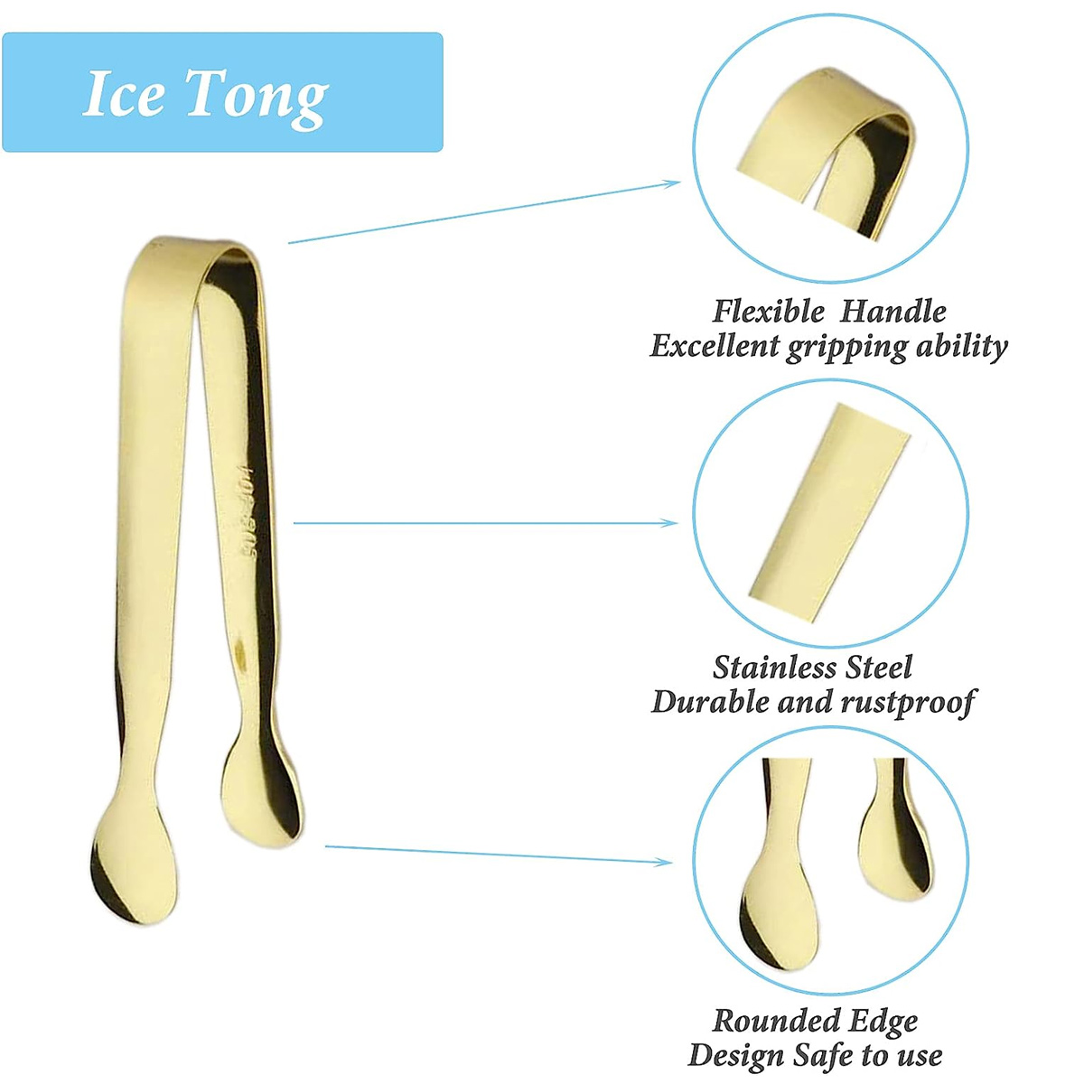 Goldene Edelstahl-Eiszange mit flexiblem Griff und abgerundeten löffelartigen Enden.
