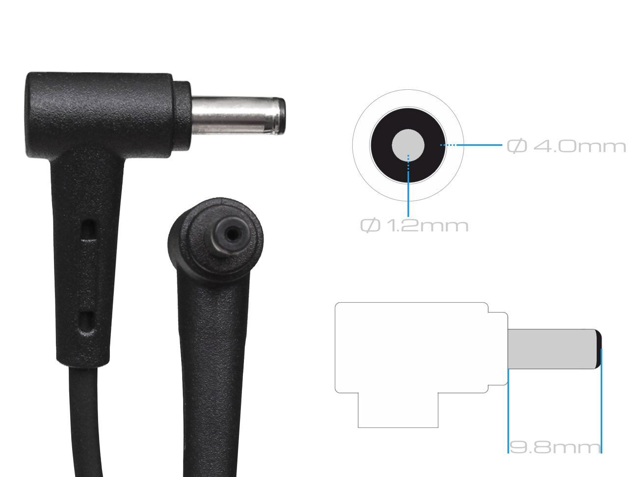 Schwarz-grauer Stecker mit Maßangaben: 4,0 mm und 1,2 mm.