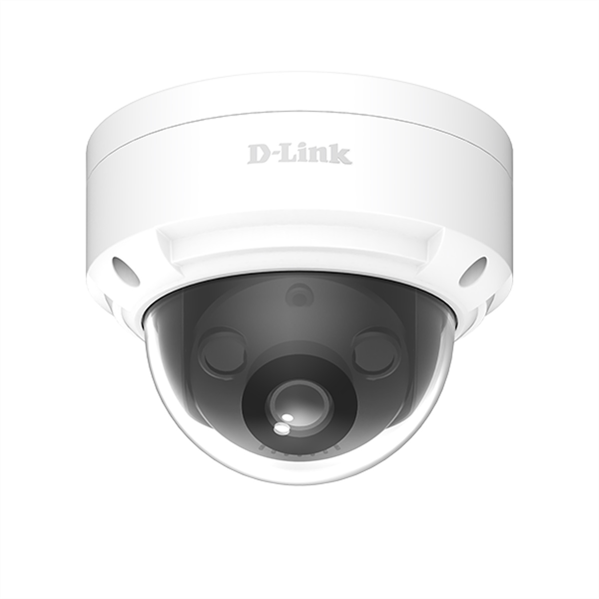 Una cámara de seguridad D-Link blanca tipo domo con lente transparente.