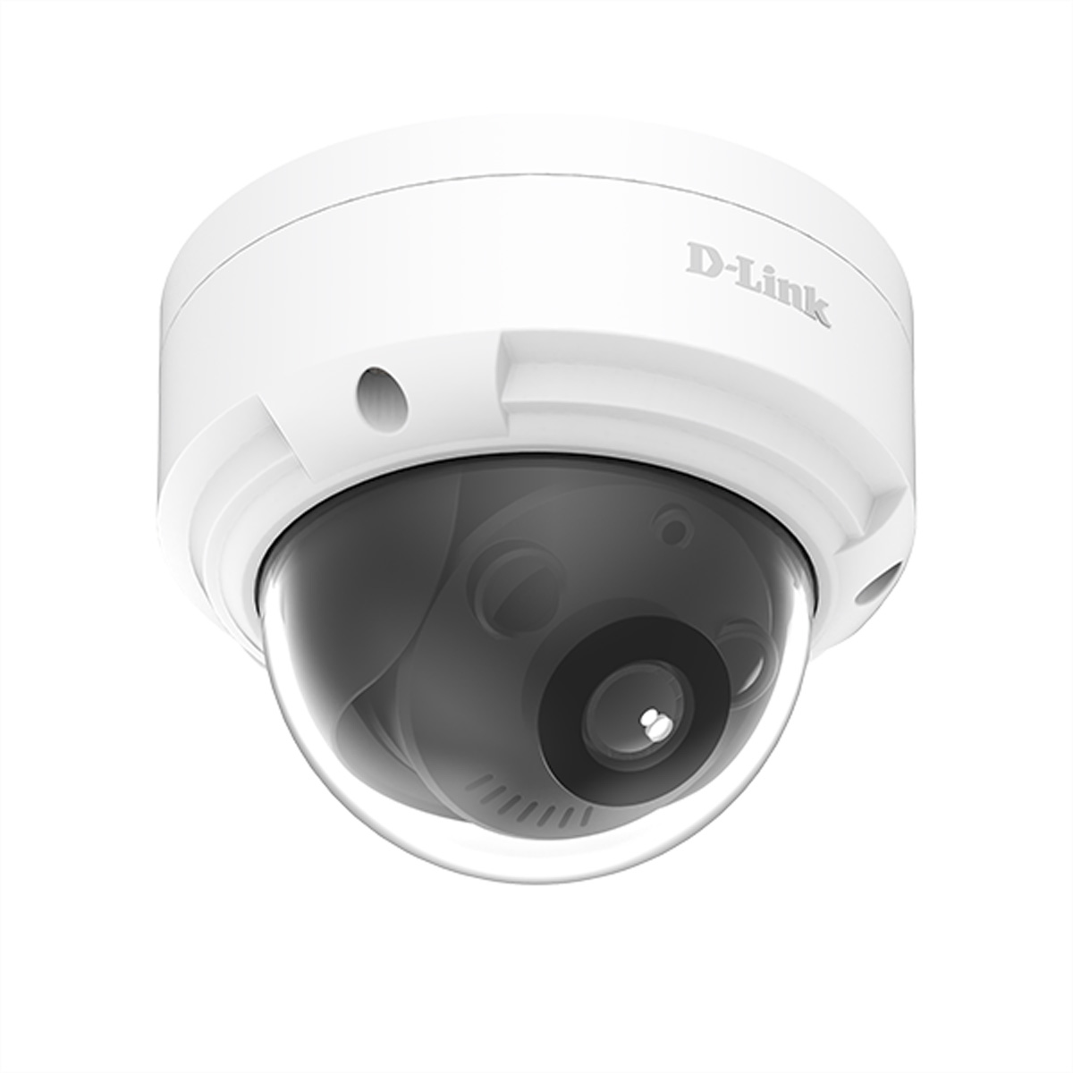 Una cámara de seguridad blanca tipo domo D-Link con cúpula transparente y lente negro.