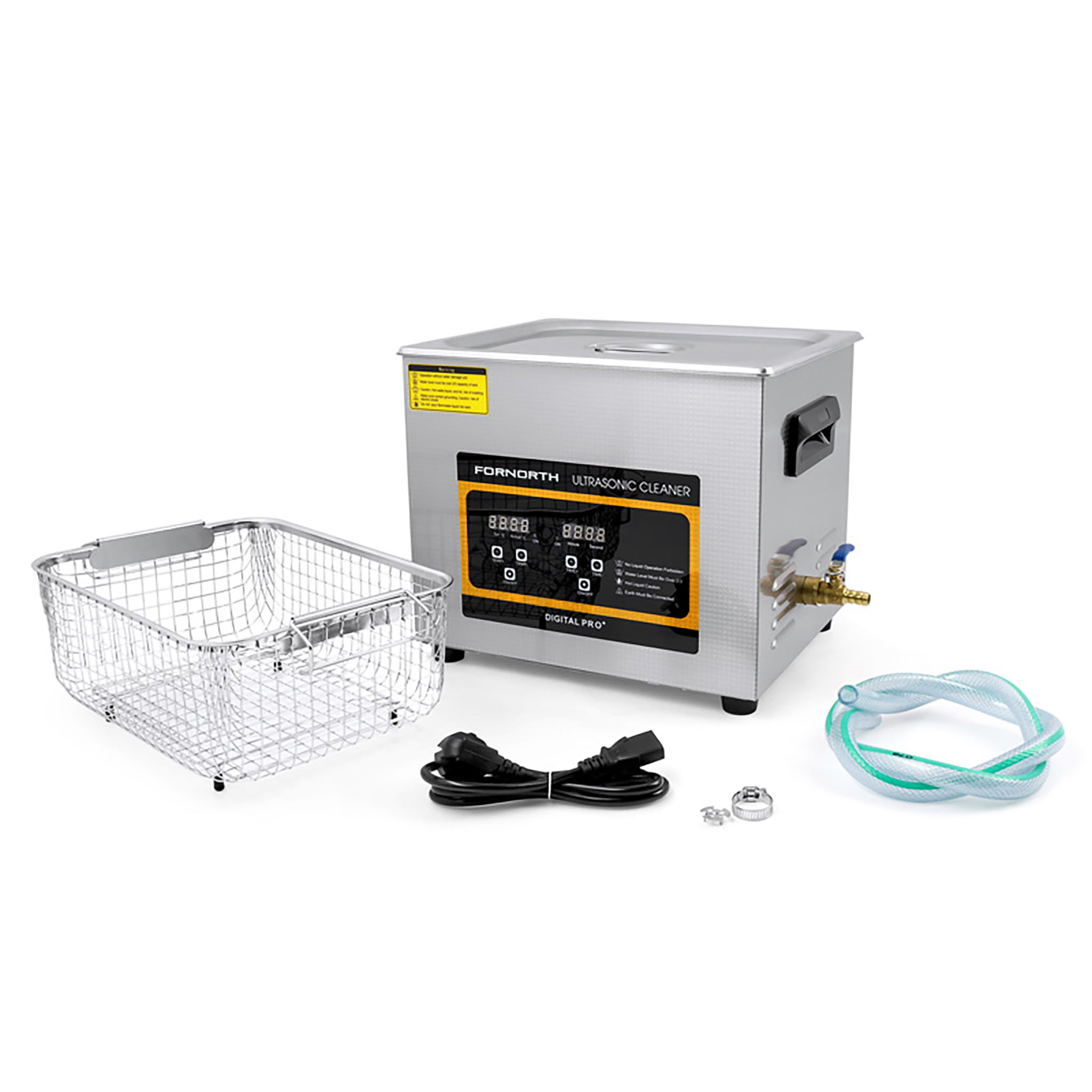 Ultraschallreiniger mit digitalem Display, Korb, Schlauch und Kabel auf weißem Hintergrund.