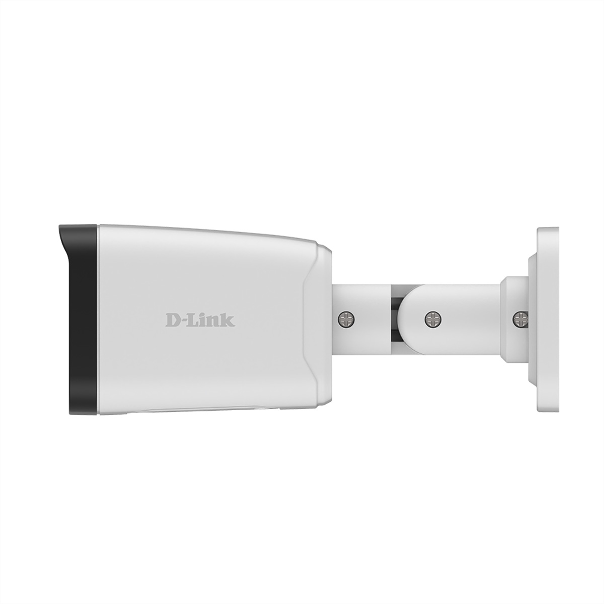 Una cámara de vigilancia D-Link blanca con frente negro y montaje ajustable.