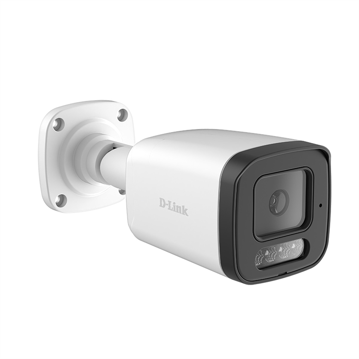 Cámara de seguridad D-Link blanca con borde negro y LED IR.
