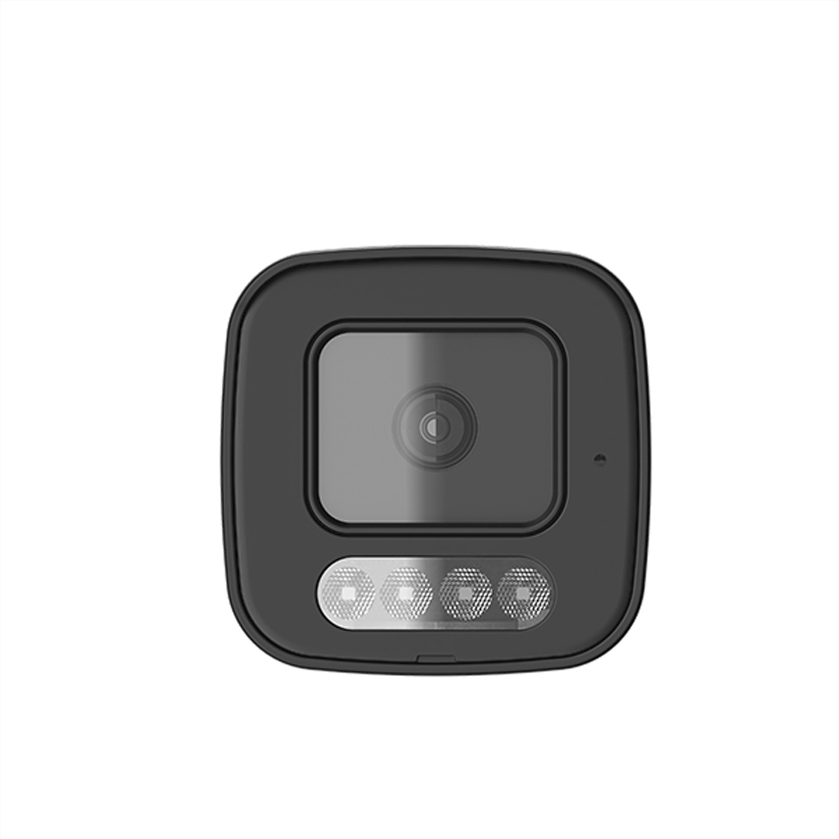 Cámara de seguridad negra con lente y cuatro LEDs IR.