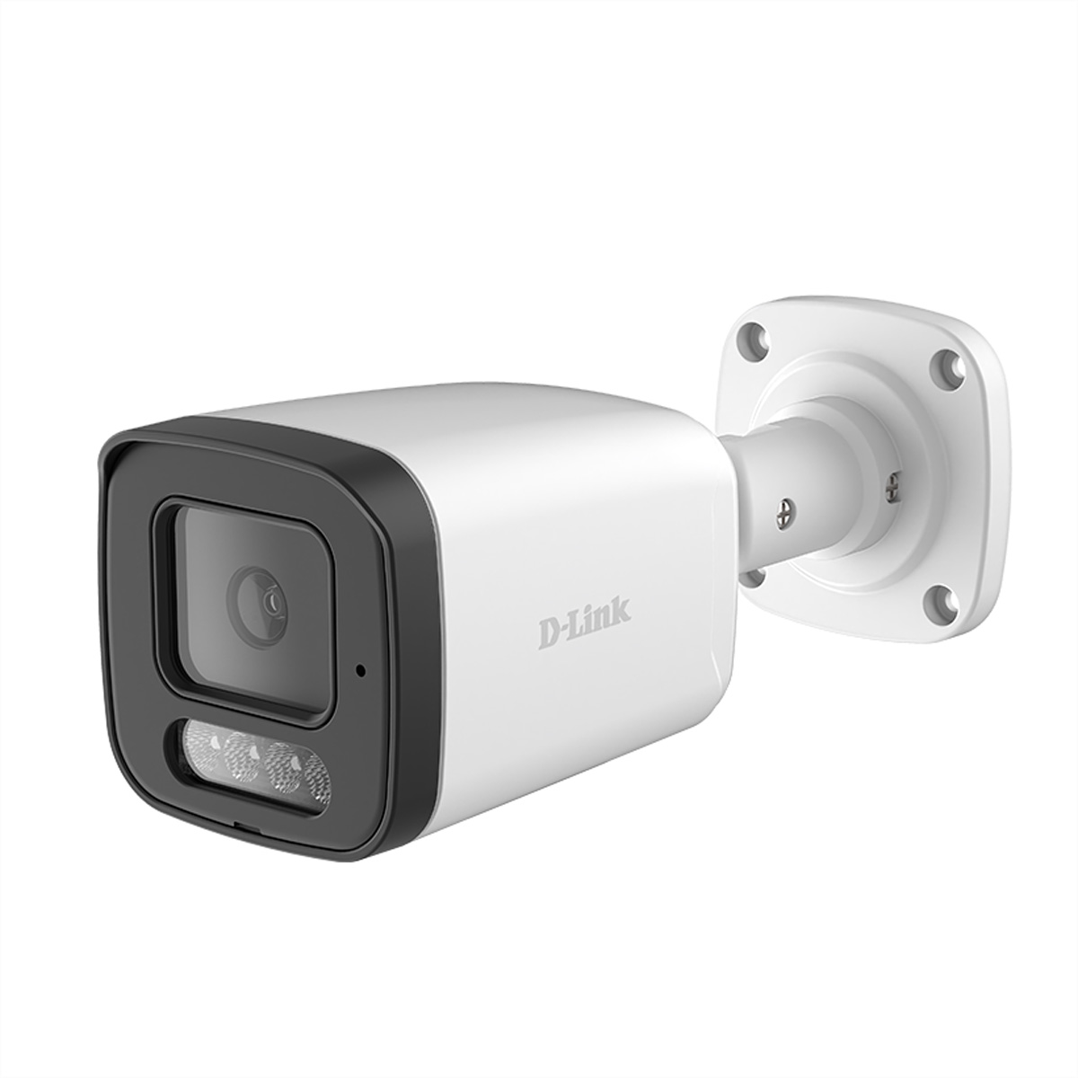 Una cámara de seguridad D-Link blanca con bisel negro y LEDs infrarrojos.