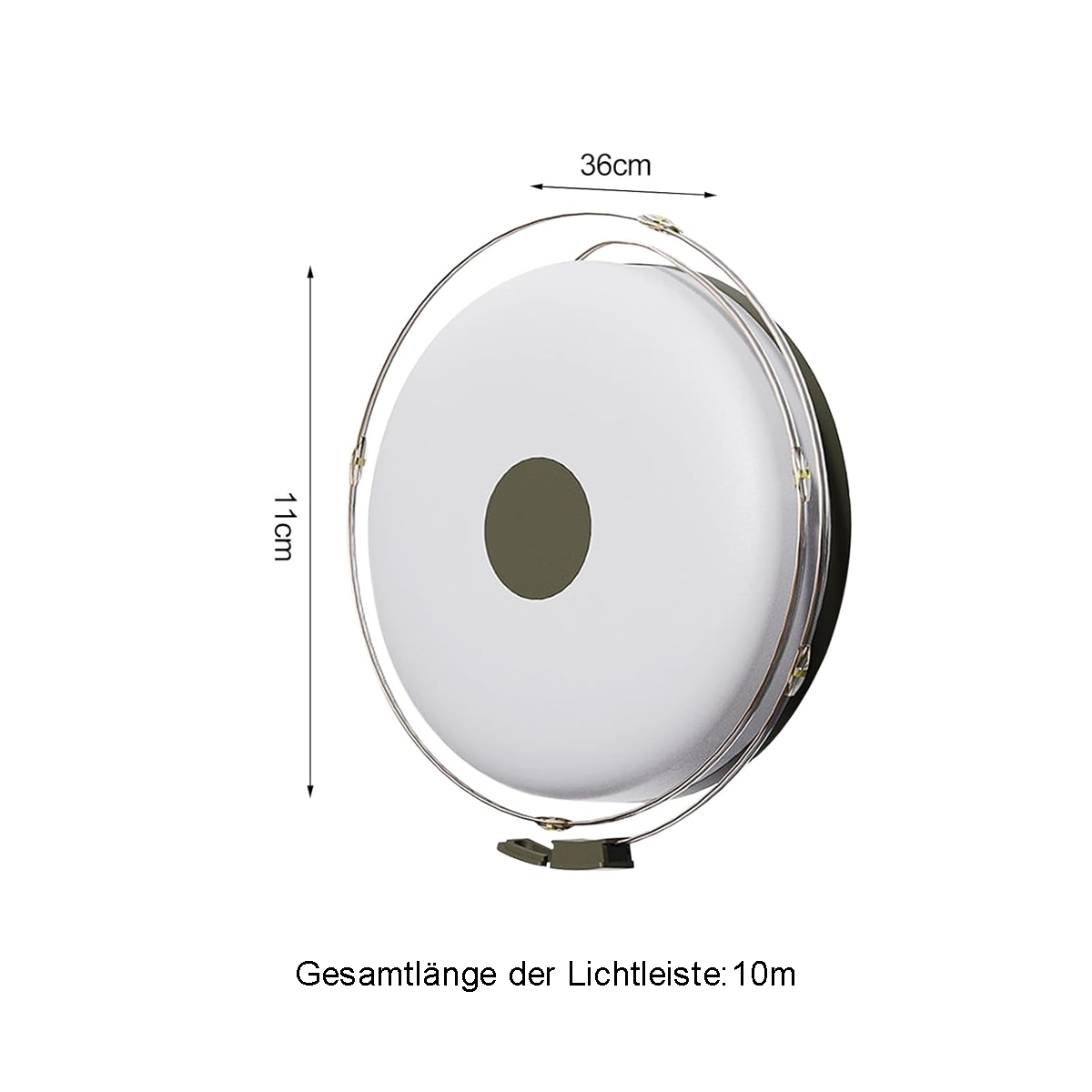 Weiße runde Leuchte mit silbernem Griff, 36x11cm. Gesamtlänge 10m.