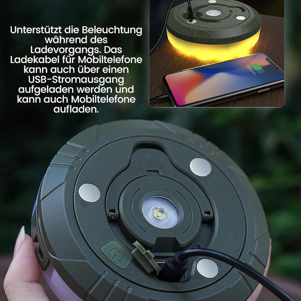 Eine grüne Laterne mit USB-Ladefunktion und beleuchtetem Display lädt ein Smartphone auf.