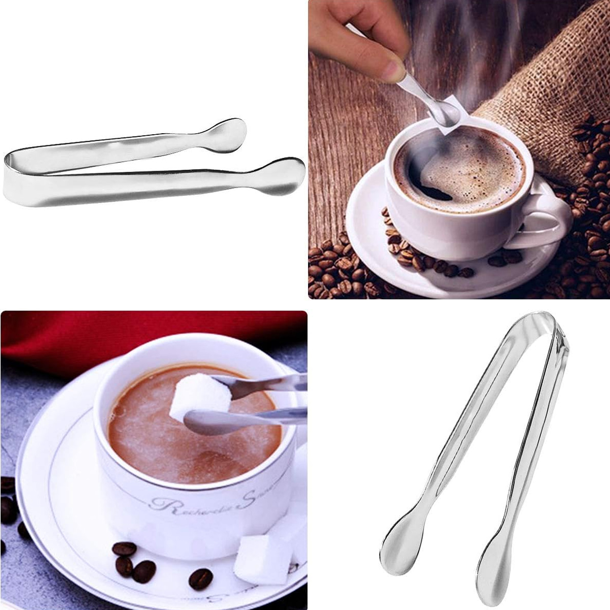 Ein Paar silberne Zuckerzangen und eine Tasse Kaffee mit Zuckerwürfeln.