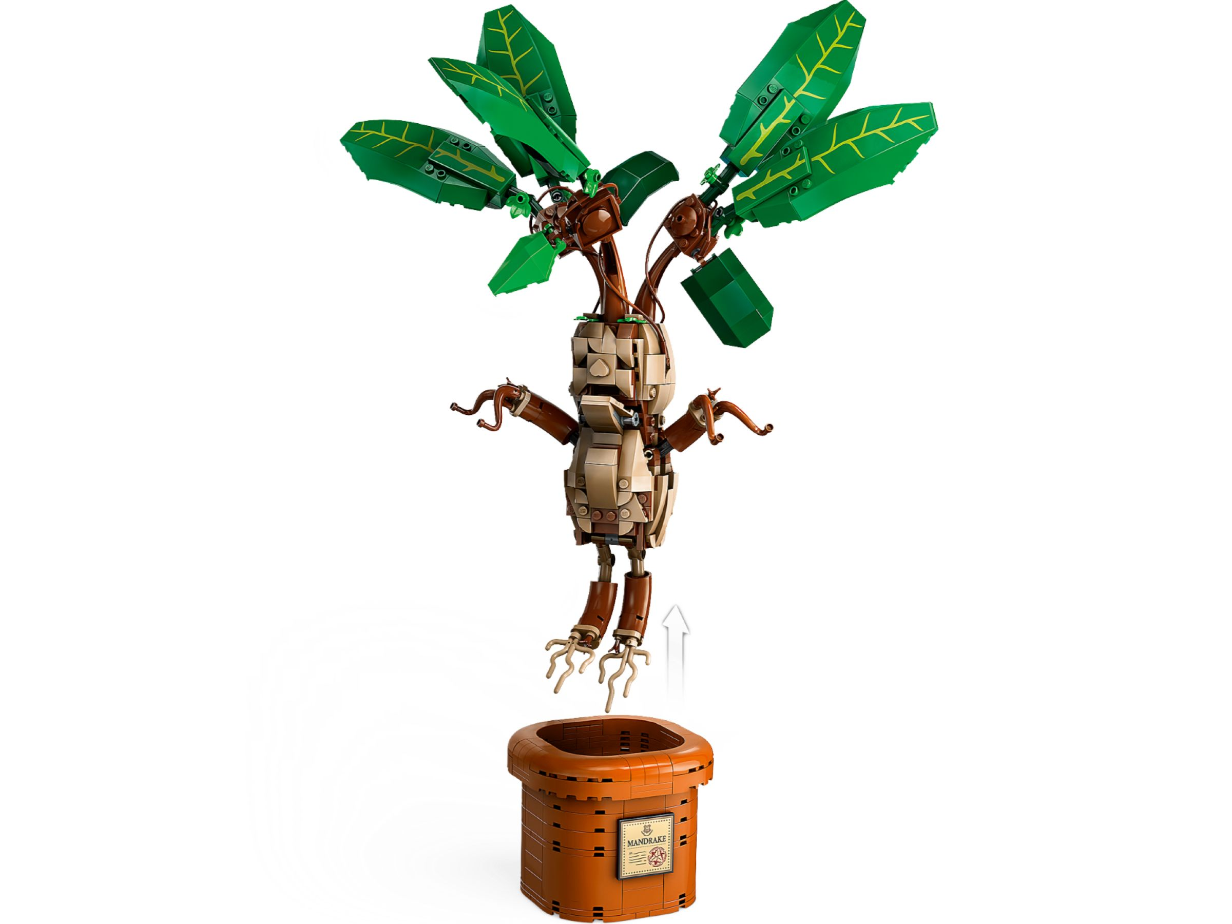 Ein Lego-Mandragora-Modell mit braunem Körper, grünen Blättern und Wurzeln über einem braunen Topf.