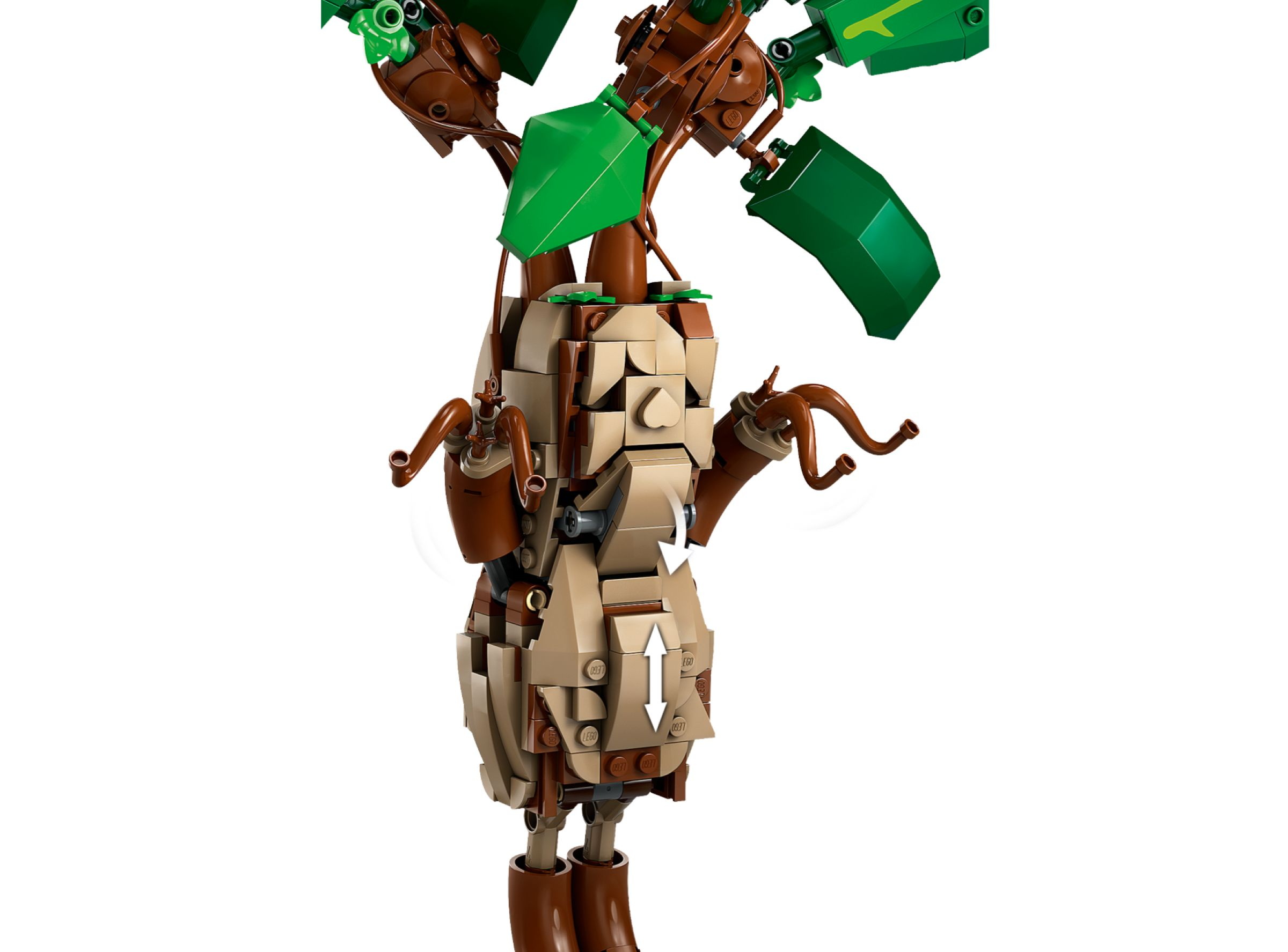 Ein Lego-Modell eines Baumes mit braunem Stamm, grünen Blättern und beweglichen Armen.