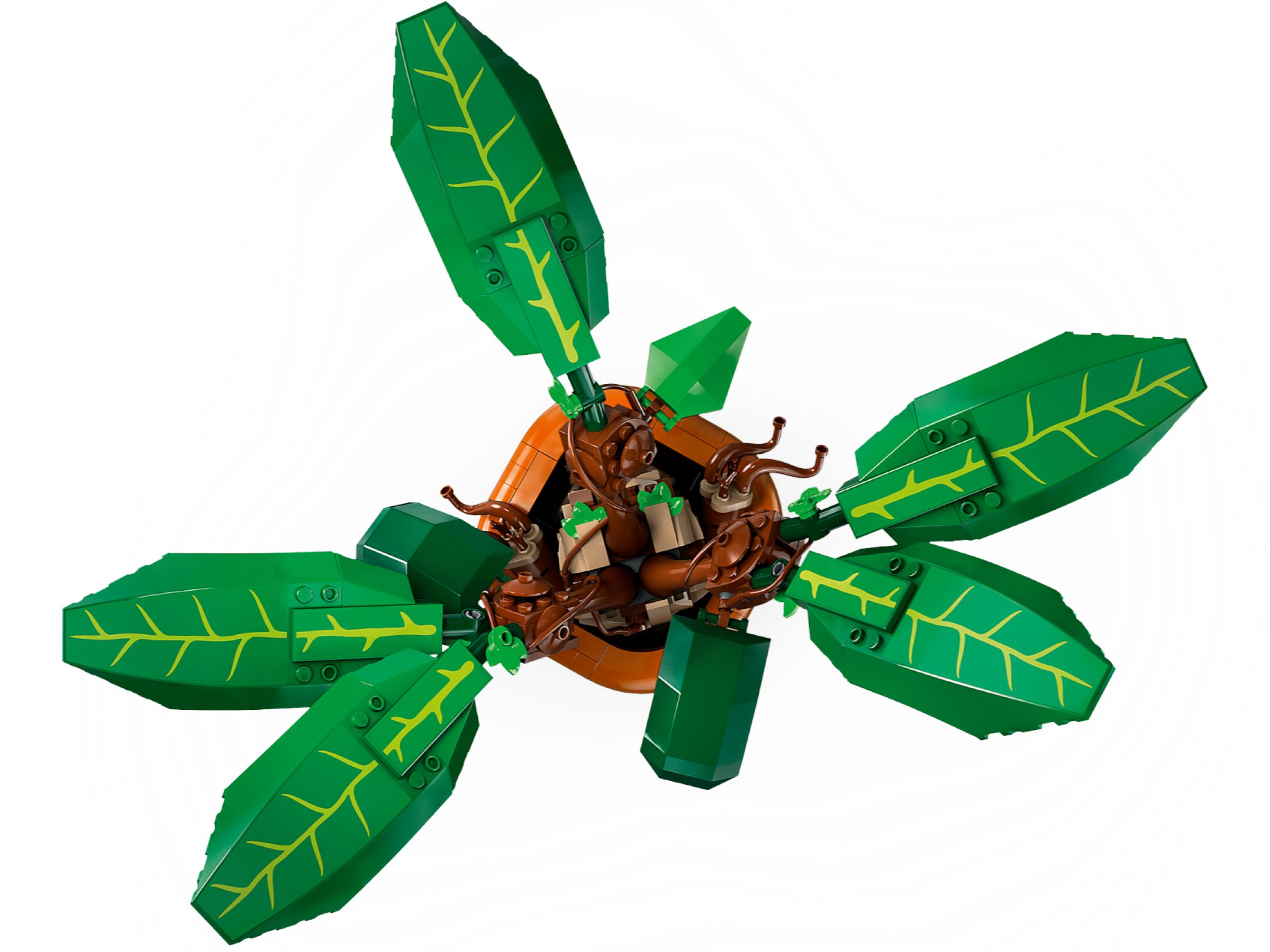 Ein Lego-Modell einer grünen Pflanze mit braunem Stamm und orangefarbenem Topf.