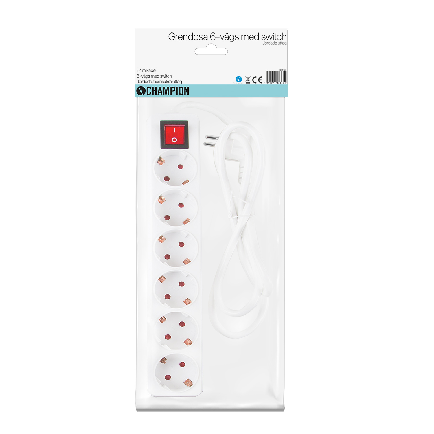 Weiße Steckdosenleiste mit 6 Steckplätzen, rotem Schalter und Kabel.
