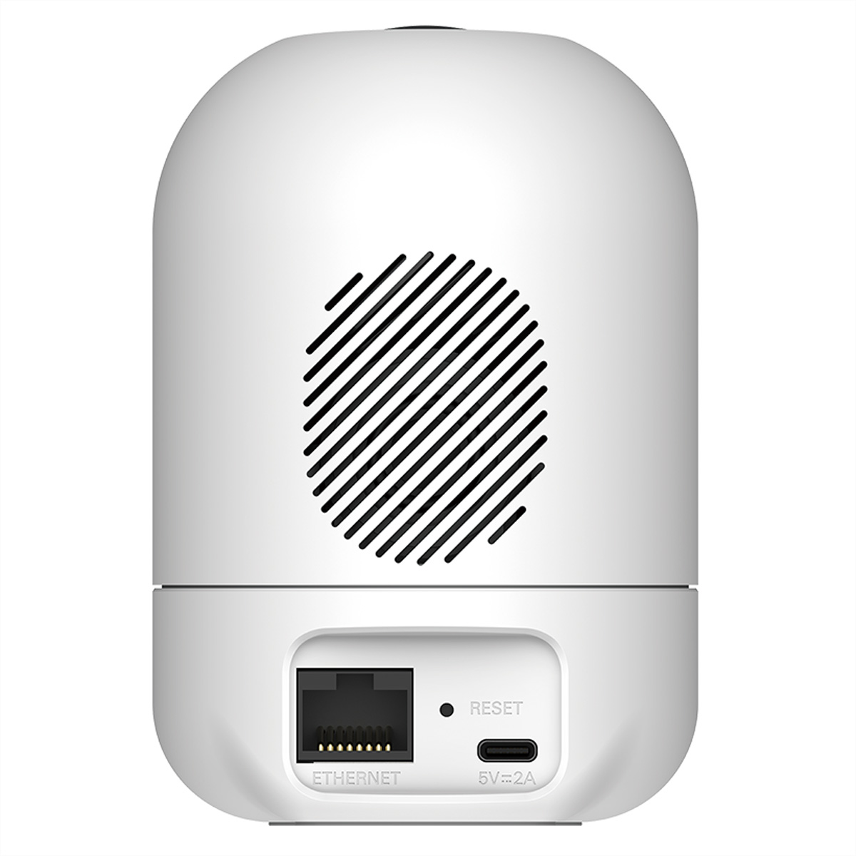 Rückseite einer weißen Kamera mit Ethernet-, Reset- und USB-C-Anschluss.