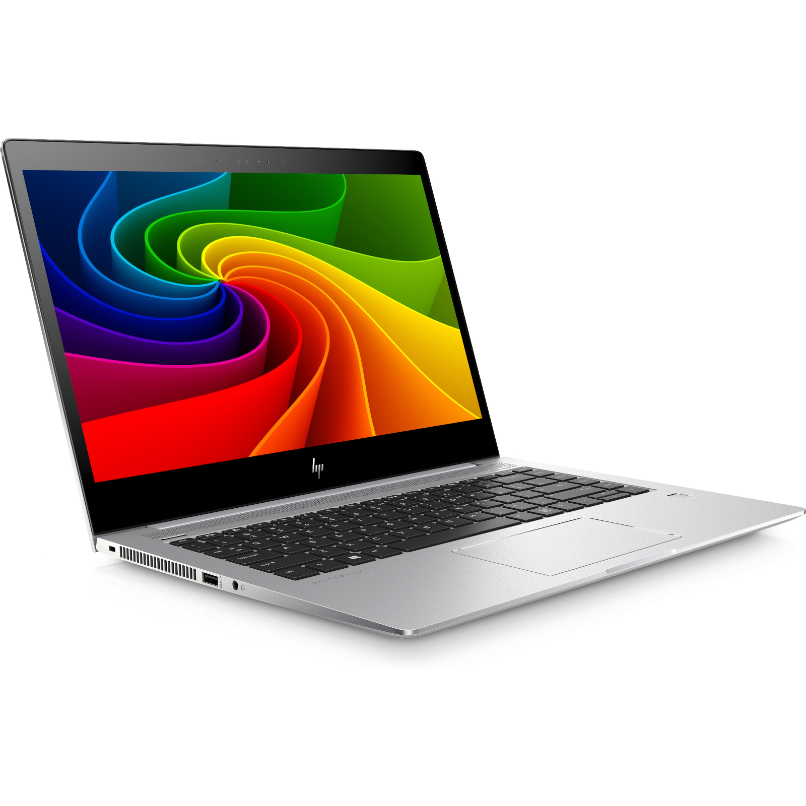 Ein silberner Laptop mit einem bunten, wirbelnden Hintergrund auf dem Bildschirm.