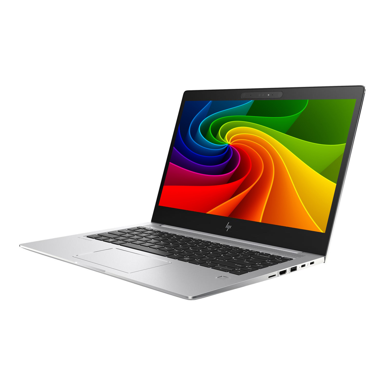 Silberner Laptop mit bunter wirbelnder Bildschirmanzeige und schwarzer Tastatur.