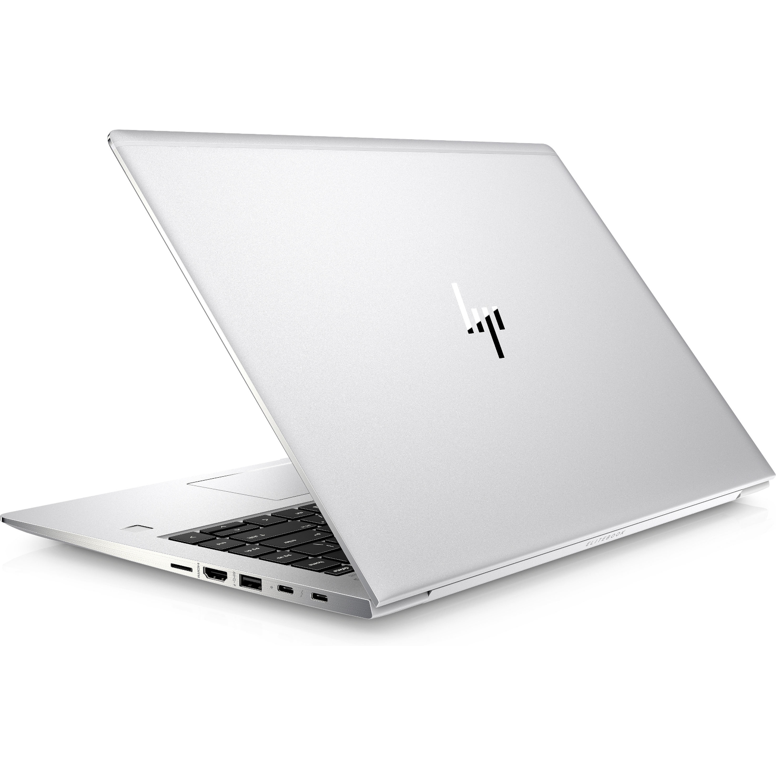 Silberner HP Elitebook Laptop, geöffnet, mit Blick auf Tastatur und Anschlüsse.