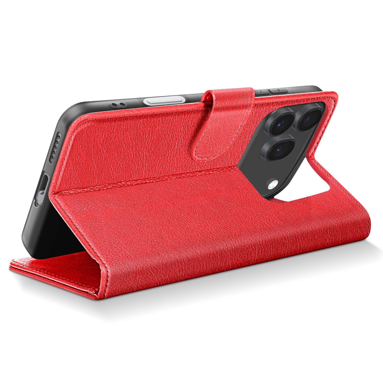 Rotes Leder-Klapphandyhülle mit iPhone-Kamera. Weißer Hintergrund.