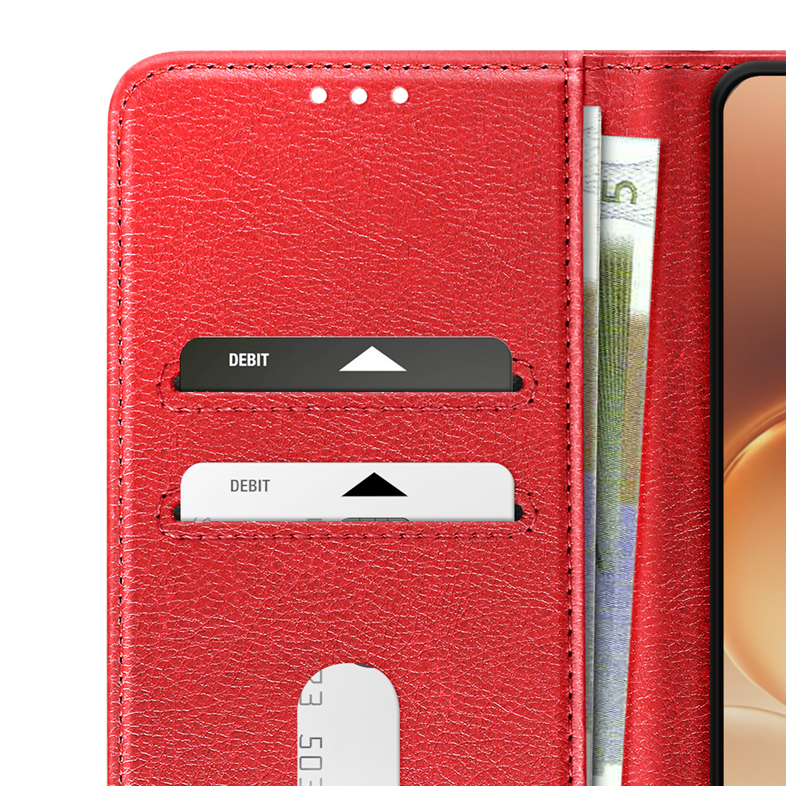 Rotes Leder-Wallet mit Kartenfächern und Geldscheinen. Zeigt Debitkarten.