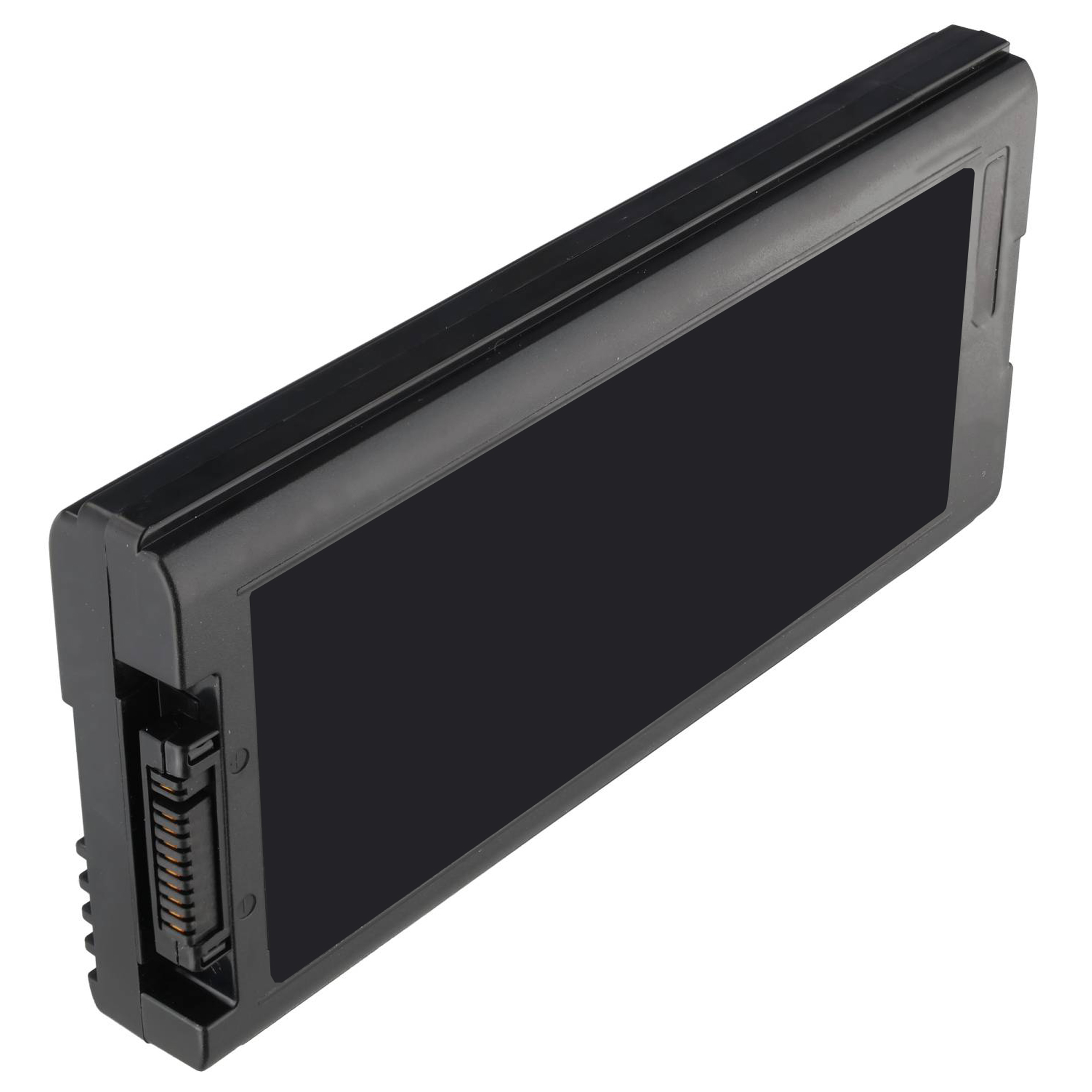 Schwarzer Laptop-Akku mit Anschlüssen auf einer Seite.