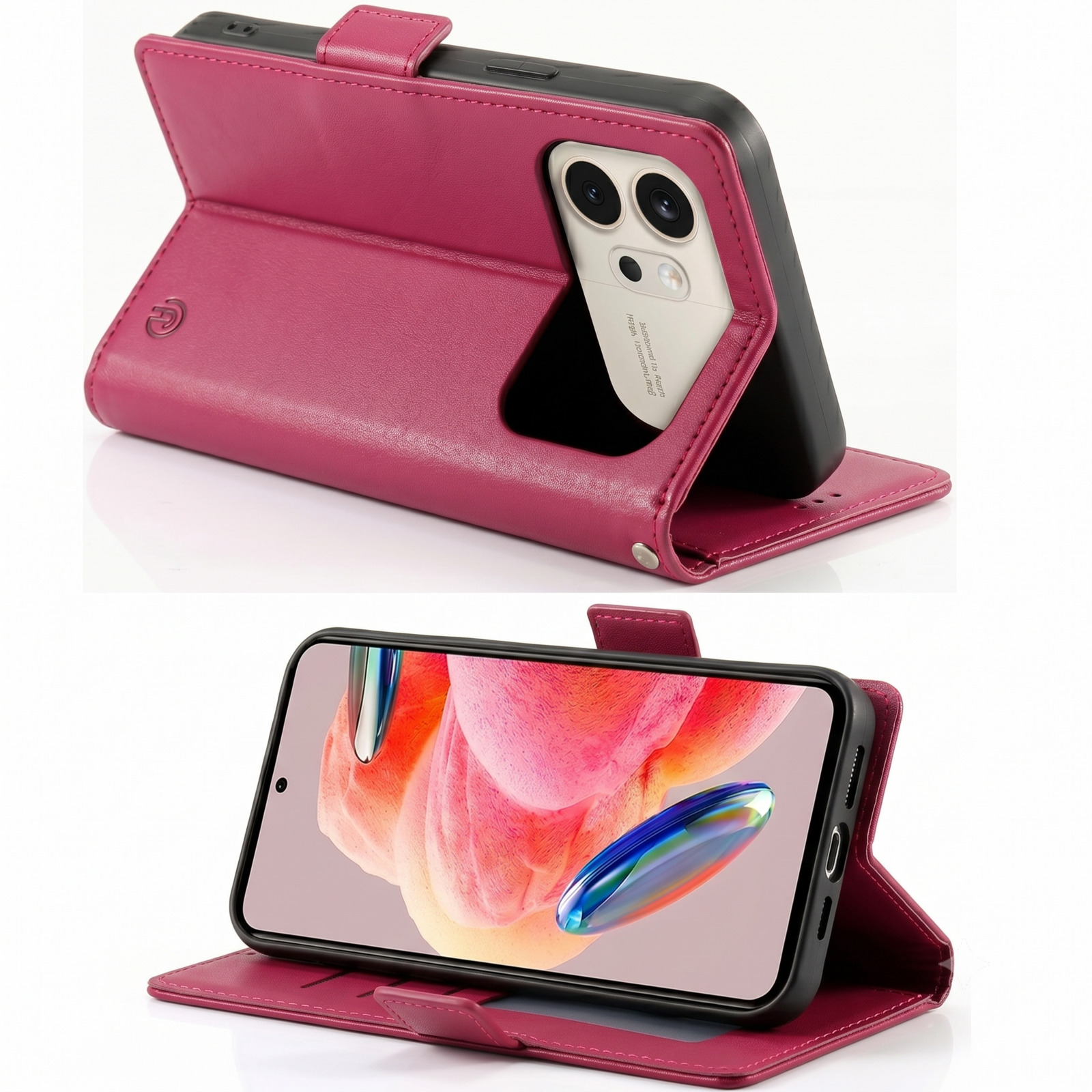 Ein pinkfarbenes Lederetui für ein Smartphone, offen mit dem Telefon darin.