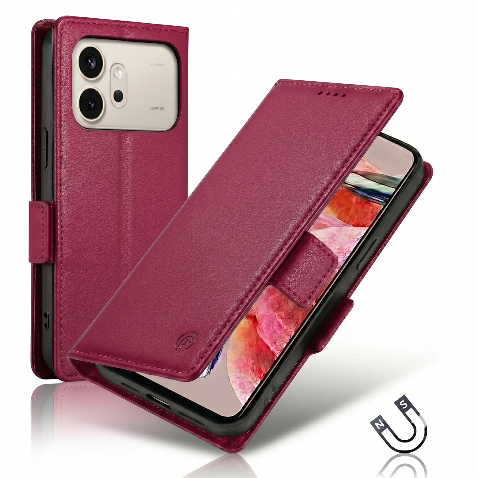 Ein burgunderrotes Lederetui für ein Smartphone, das sich öffnet, um das Telefon zu zeigen.