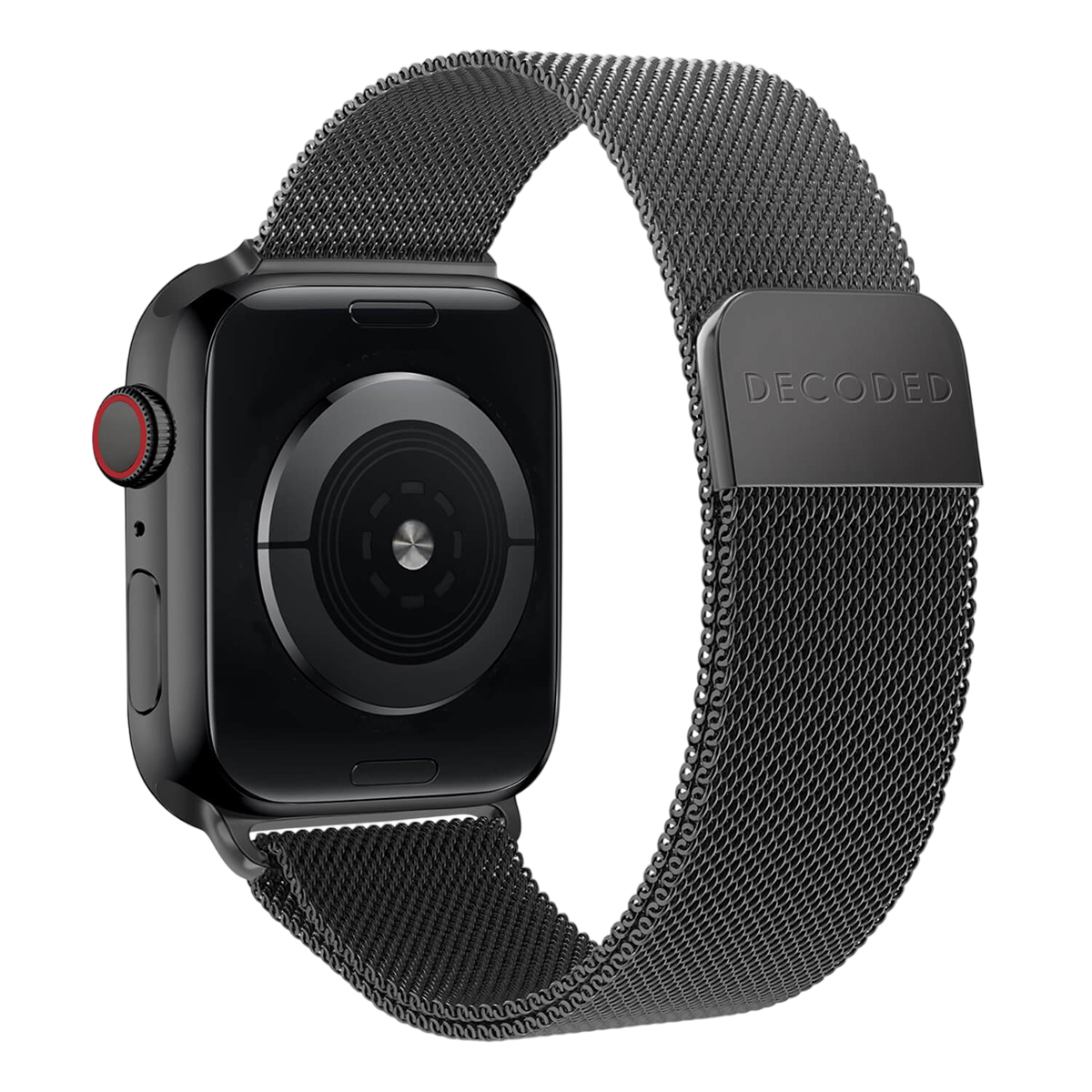 Schwarze Smartwatch mit Mesh-Armband. Das Zifferblatt ist dunkel und zeigt Sensoren. Das Band hat 'DECODED' auf der Schließe.