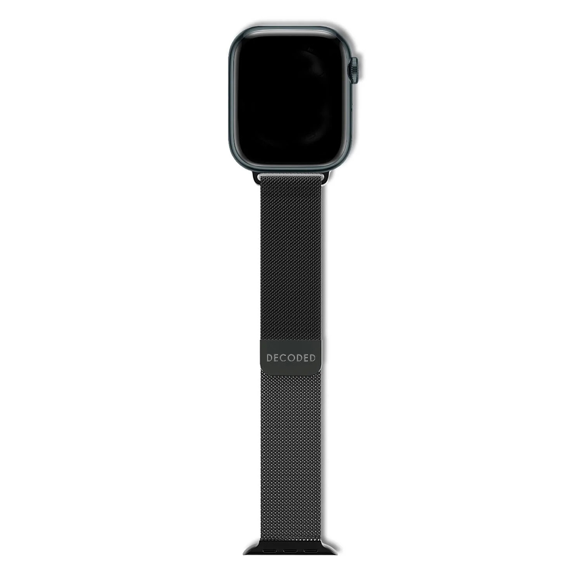 Eine schwarze Smartwatch mit einem schwarzen Milanaise-Armband mit dem Logo "DECODED".