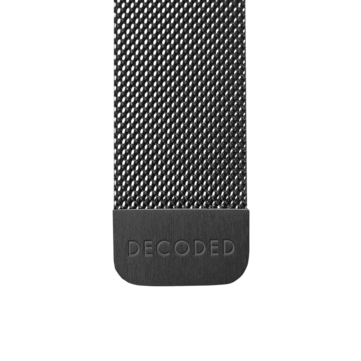 Ein schwarzes Mesh-Uhrenarmband mit dem eingeprägten Wort DECODED auf einem dunkelgrauen Endstück.