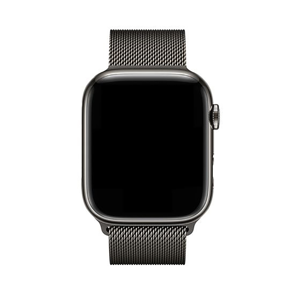Eine graue Smartwatch mit einem schwarzen Zifferblatt und einem Milanaise-Armband.