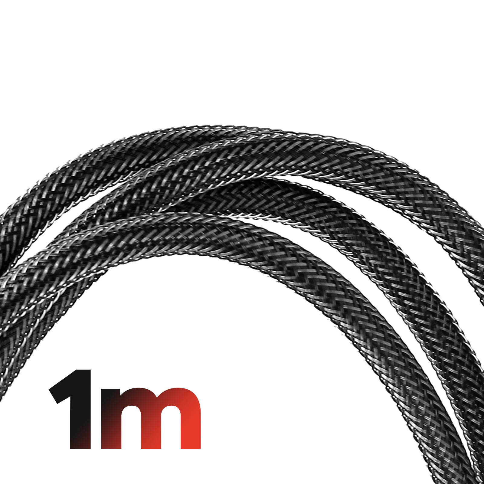 Ein schwarzes, geflochtenes Kabel mit der Aufschrift 1m.