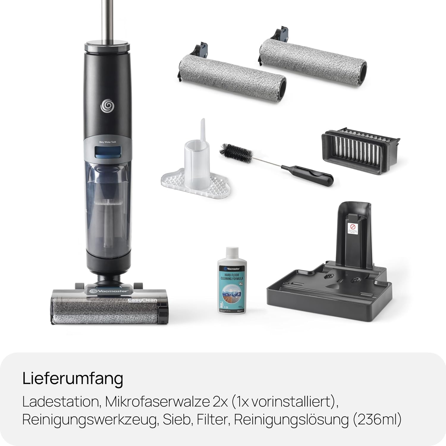 Bodenreiniger-Set mit Ladestation, Walzen, Bürste, Filter und Reinigungslösung.