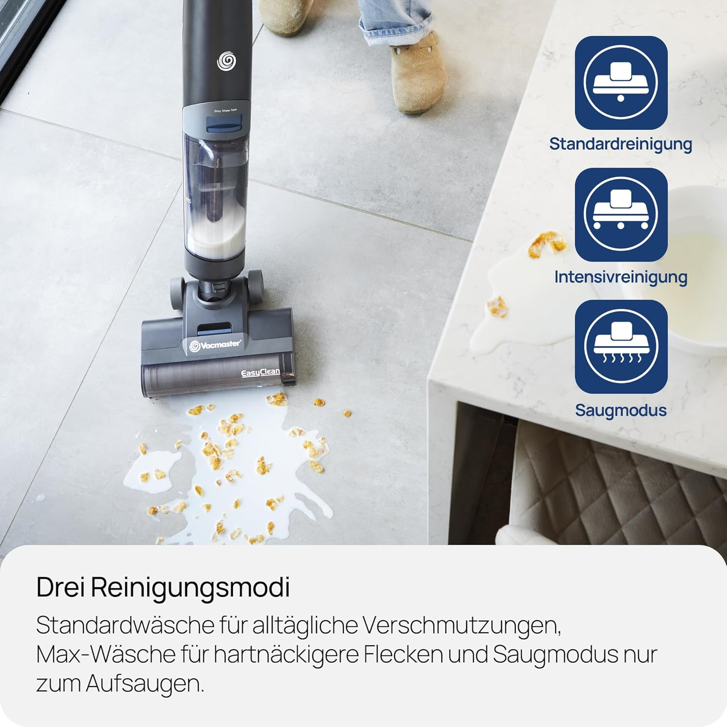 Bodenreinigungsgerät mit drei Modi: Standard, Intensiv und Saugen.