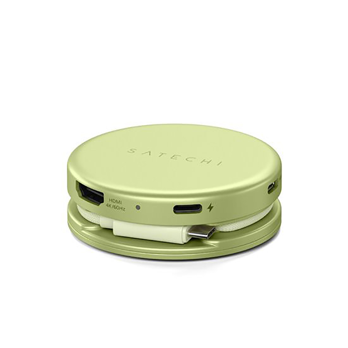 Jasnozielony hub Satechi z gniazdami HDMI, USB-C i kart SD.