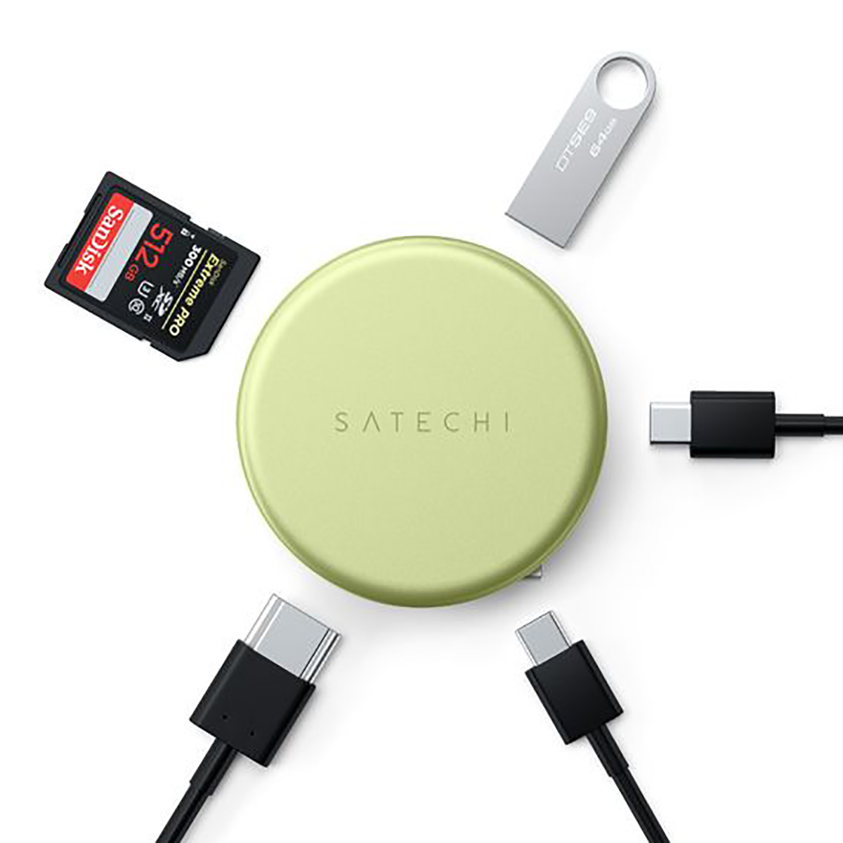 Okrągły zielony hub Satechi z pendrivem, kartą SD i kablami USB-C.