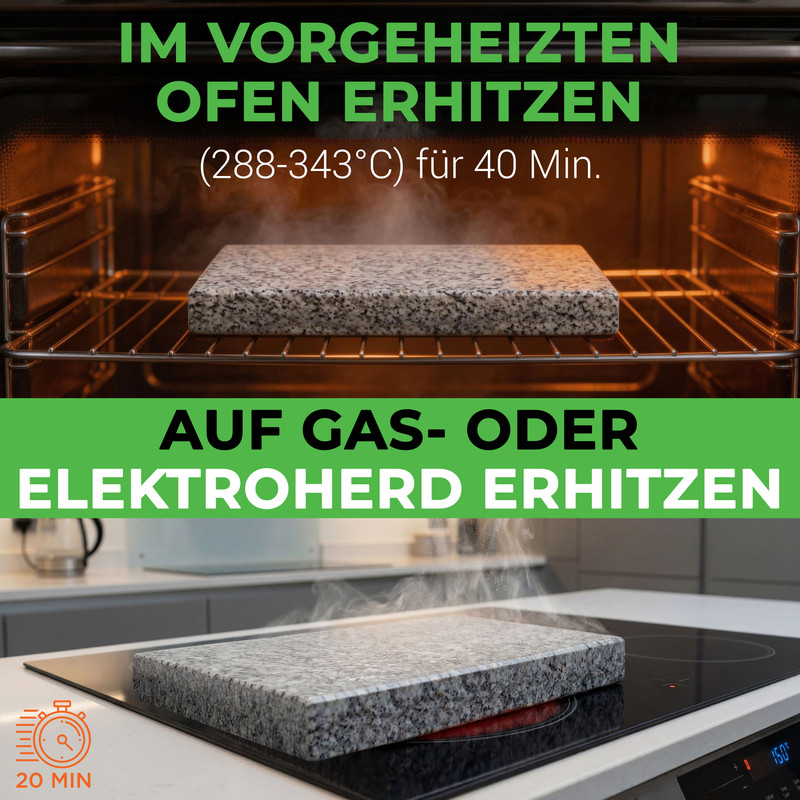 Granitplatte im Ofen und auf einem Induktionskochfeld erhitzen.